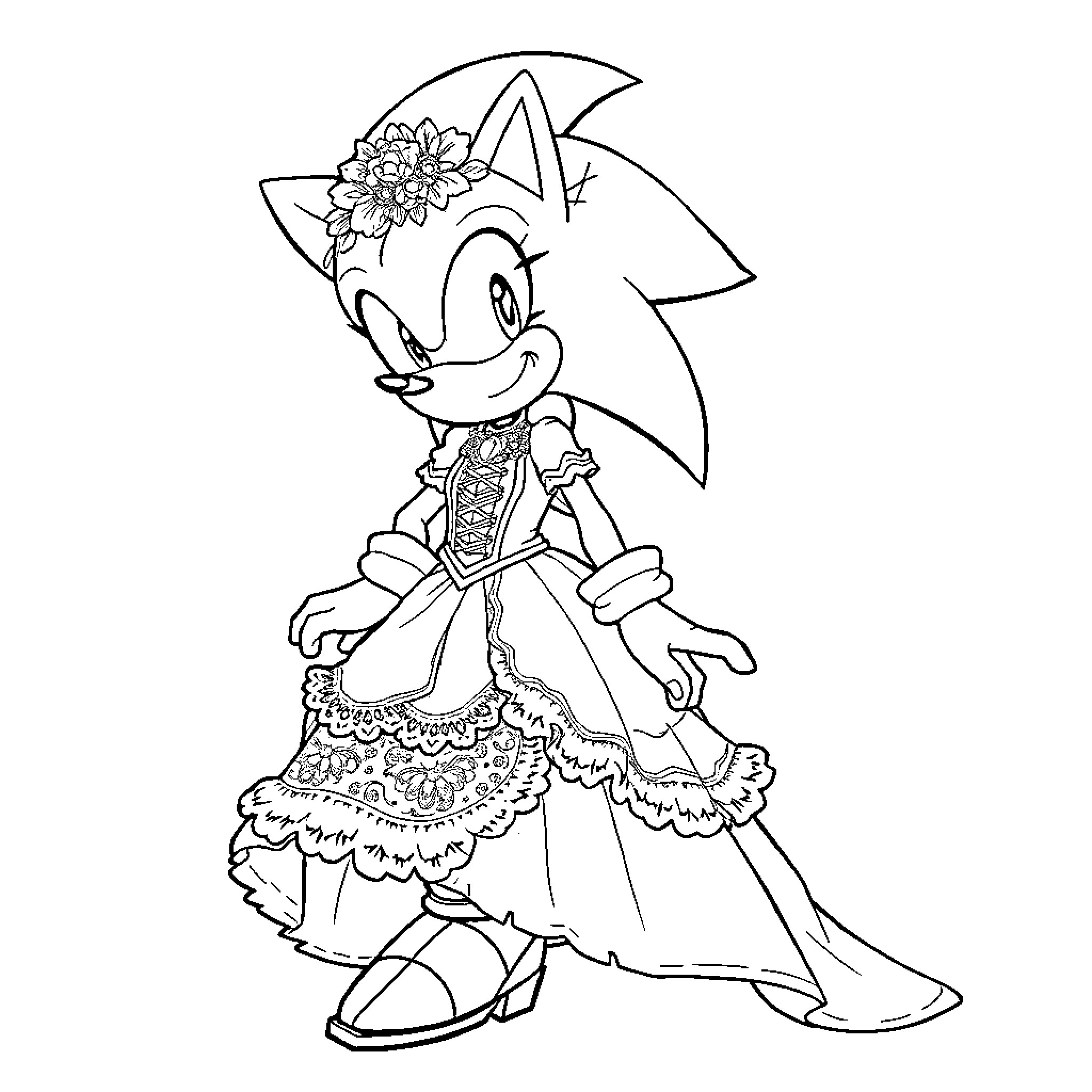 Sonic in a Fancy Floral Dress Coloring Page (free black-and-white line drawing printable PDF for all, from beginners to advanced learners, including children, teens, adults, and seniors)