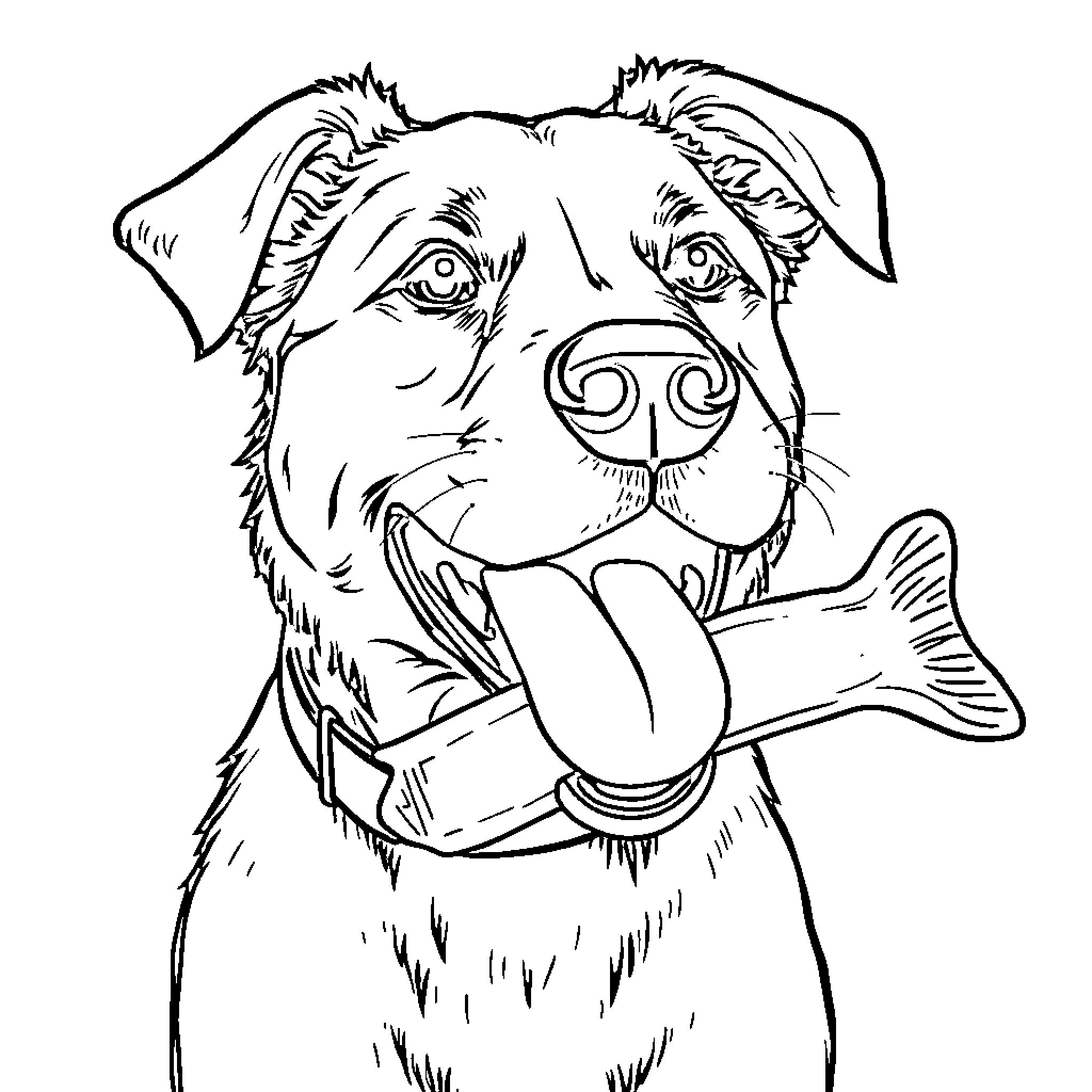 Dog playfully holding bone in mouth Coloring Page (free black-and-white line drawing printable PDF for all, from beginners to advanced learners, including children, teens, adults, and seniors)