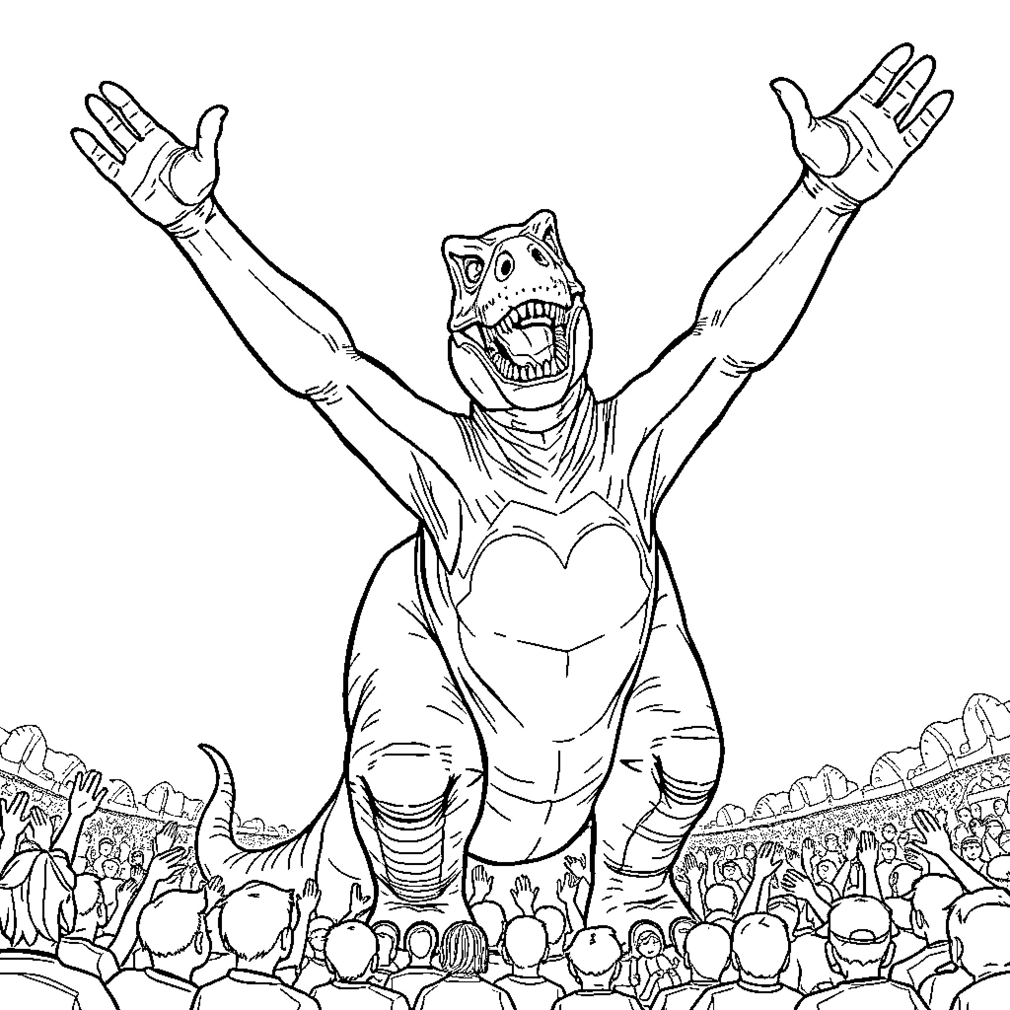 T-Rex roaring triumphantly before a crowd Coloring Page (free black-and-white line drawing printable PDF for all, from beginners to advanced learners, including children, teens, adults, and seniors)