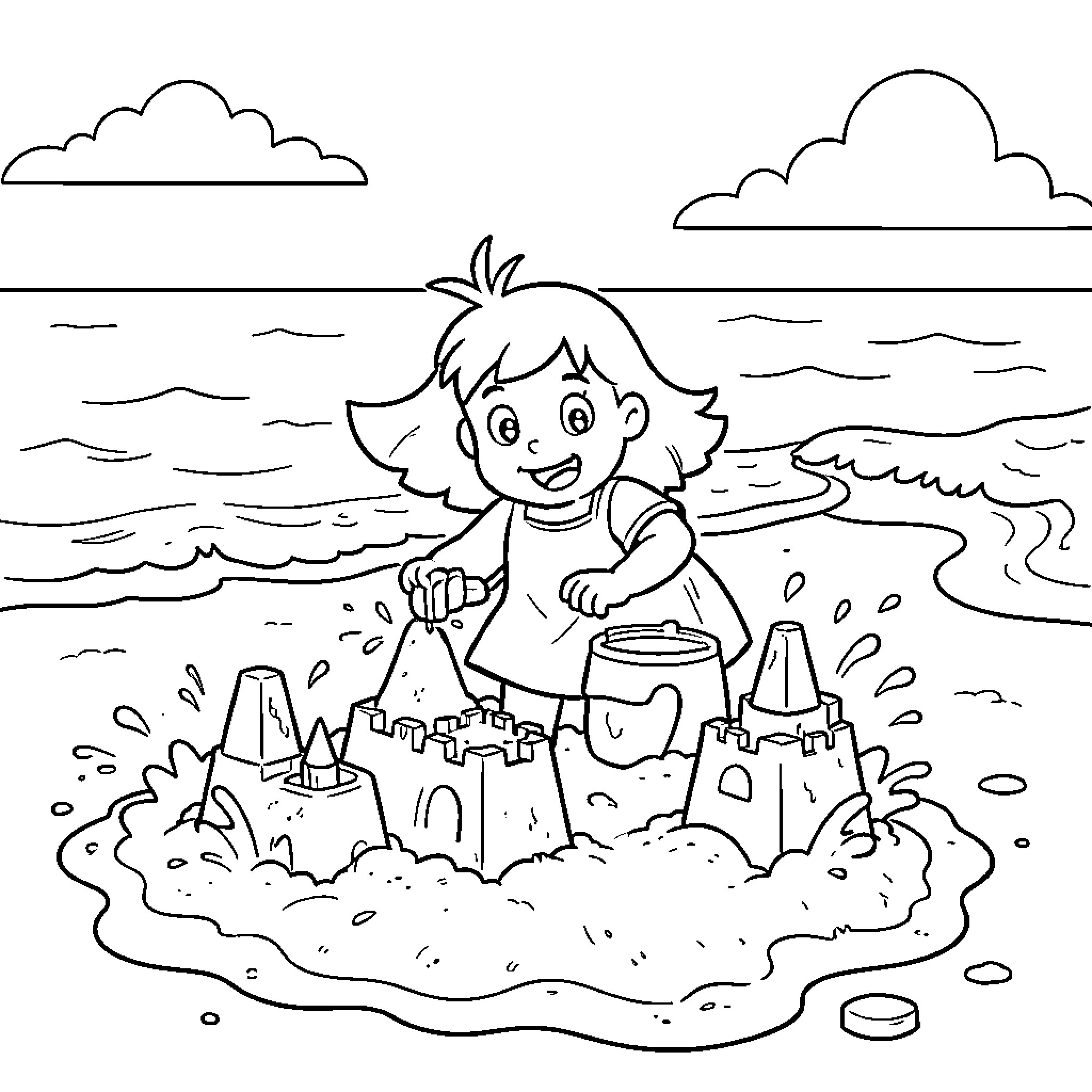 Dora building sandcastles on the beach Coloring Page (free black-and-white line drawing printable PDF for all, from beginners to advanced learners, including children, teens, adults, and seniors)