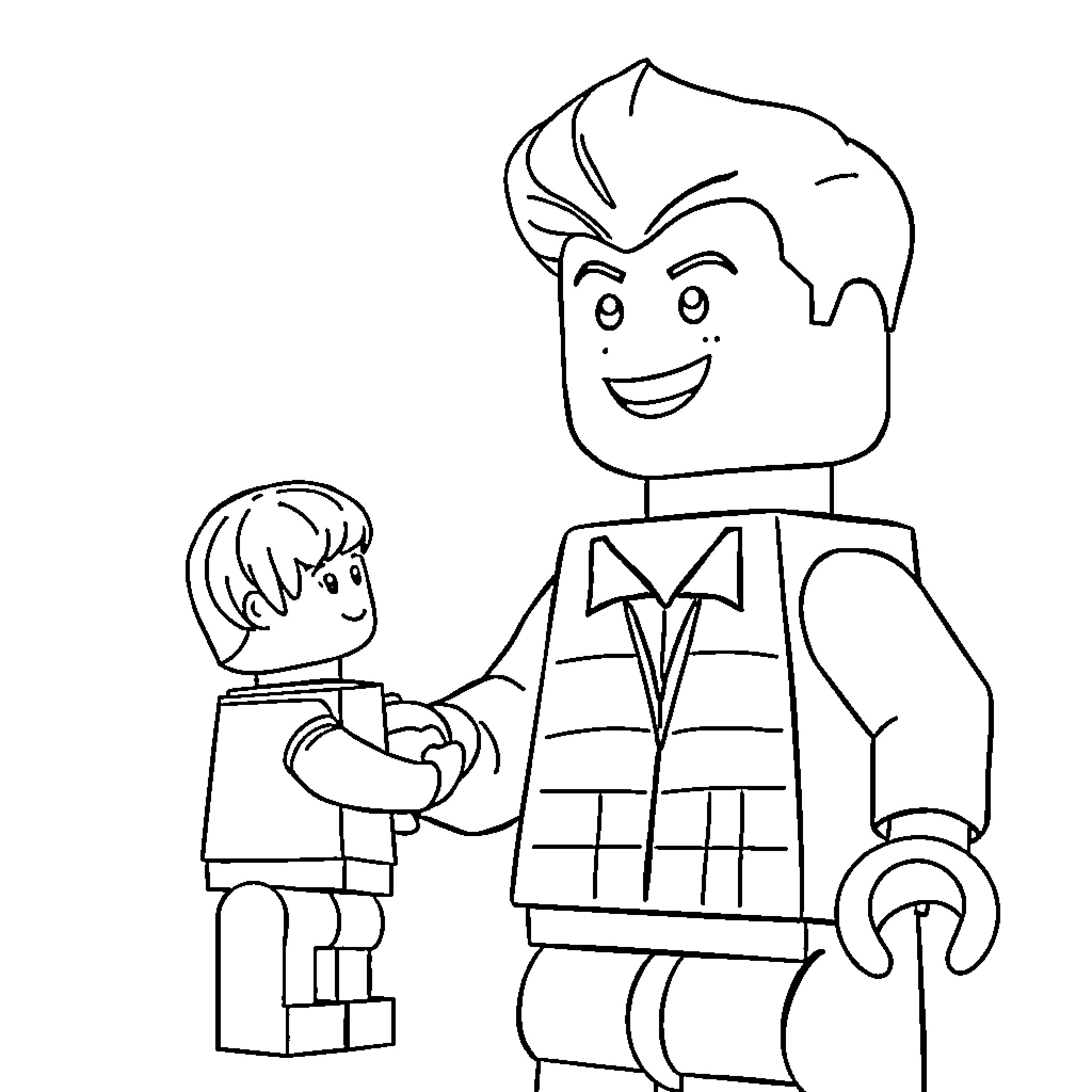 Lego Man Helping a Younger Lego Child Coloring Page (free black-and-white line drawing printable PDF for all, from beginners to advanced learners, including children, teens, adults, and seniors)