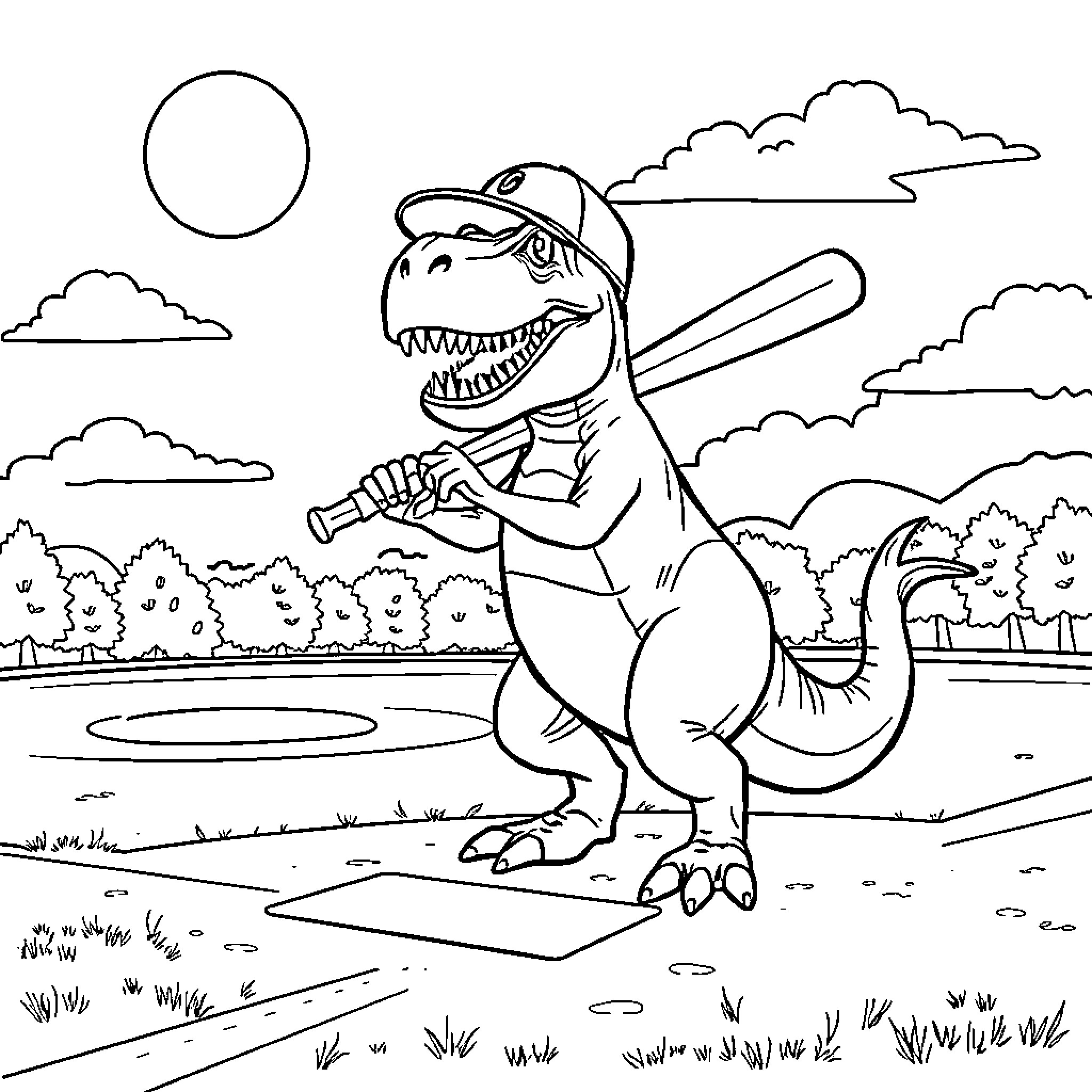 T-Rex Playing Baseball in the Park Coloring Page (free black-and-white line drawing printable PDF for all, from beginners to advanced learners, including children, teens, adults, and seniors)