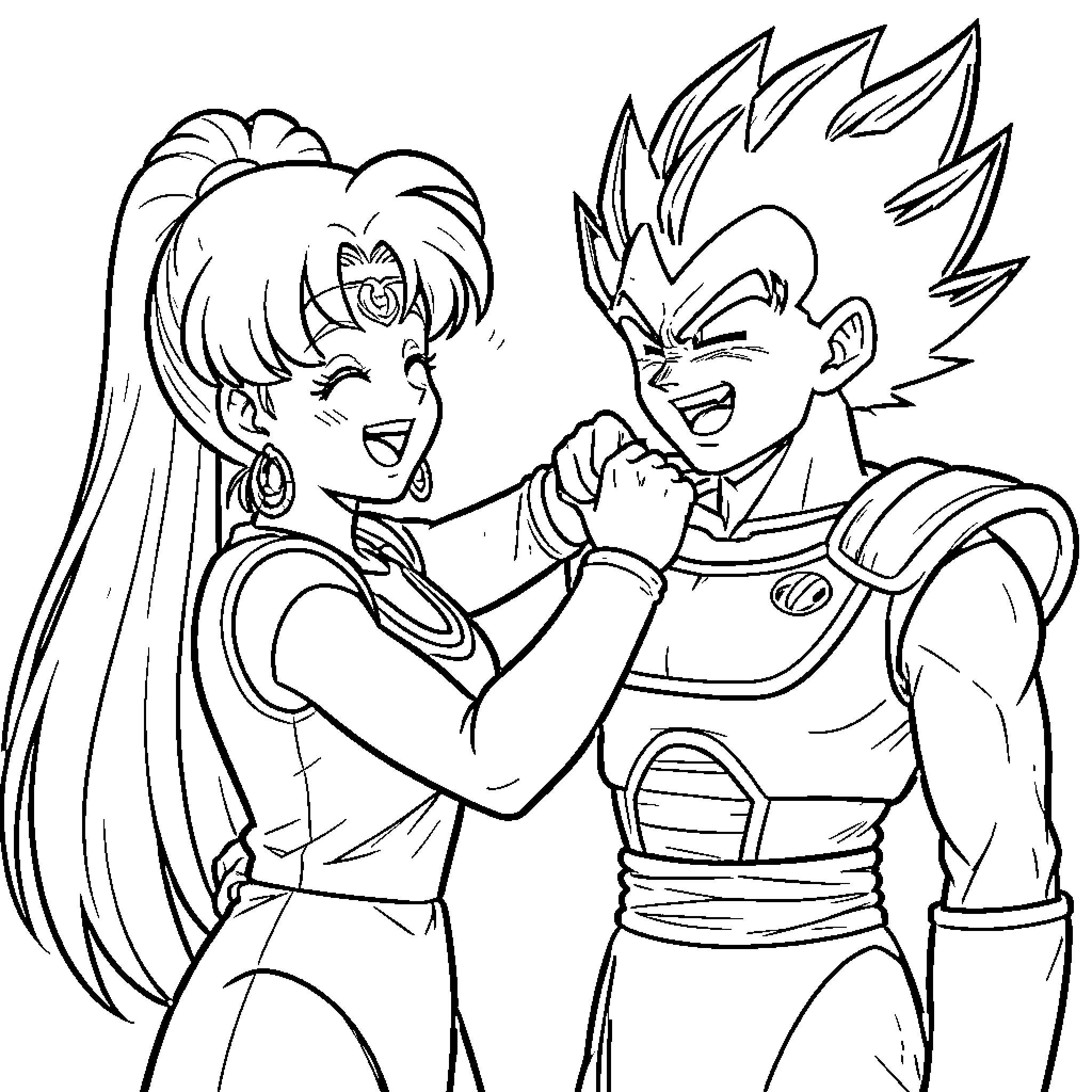 Sailormoon character laughing while arm wrestling a fighter Coloring Page (free black-and-white line drawing printable PDF for all, from beginners to advanced learners, including children, teens, adults, and seniors)
