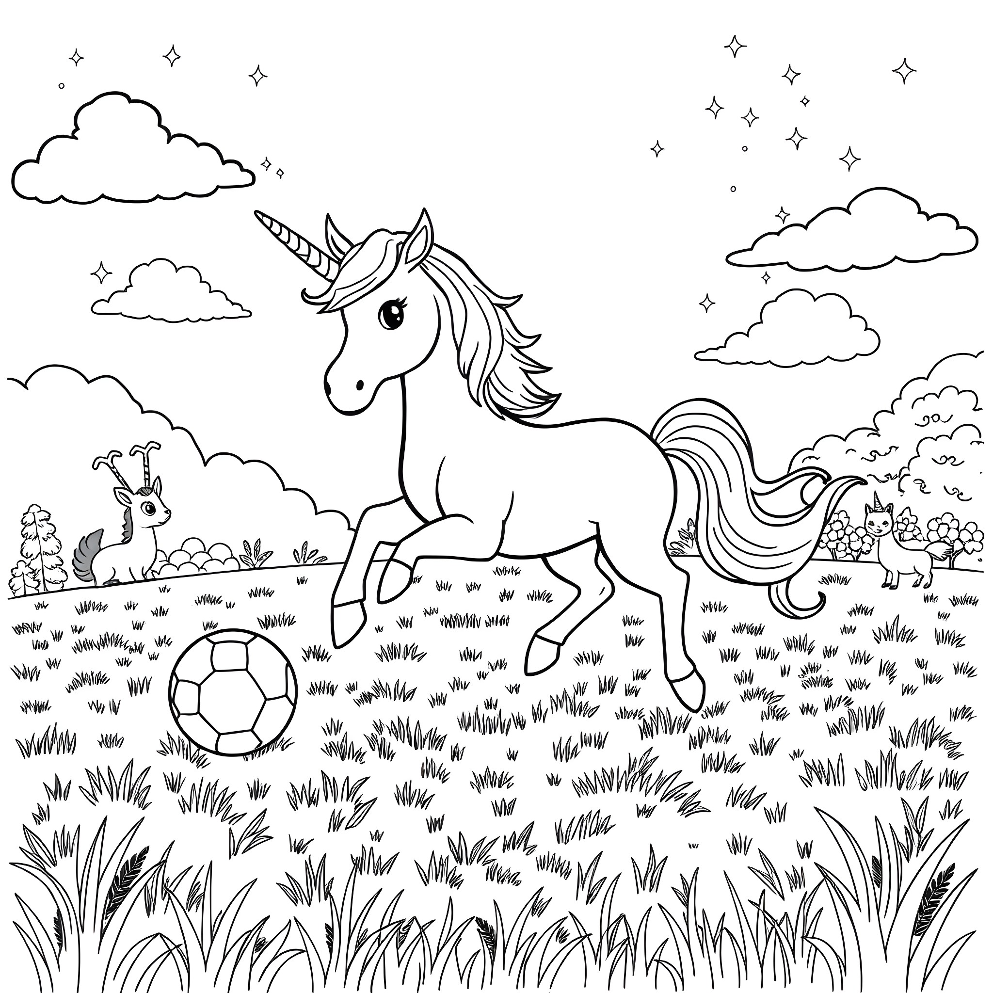 Unicorn playing in the meadow with ball Coloring Page (free black-and-white line drawing printable PDF for all, from beginners to advanced learners, including children, teens, adults, and seniors)