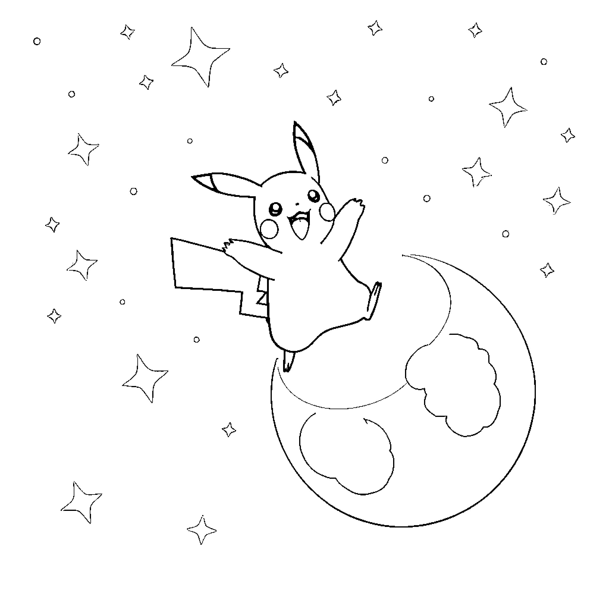 Pikachu playing happily among the stars Coloring Page (free black-and-white line drawing printable PDF for all, from beginners to advanced learners, including children, teens, adults, and seniors)