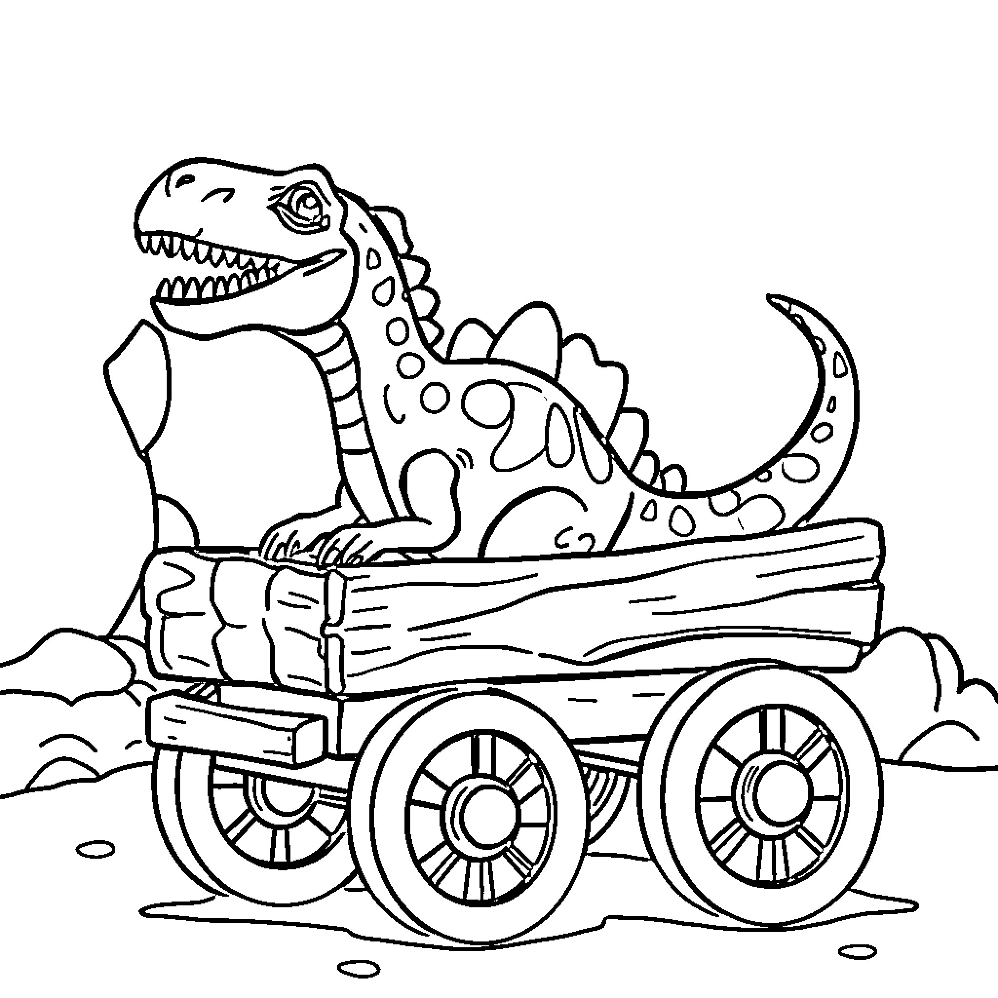 Dinosaur riding in a wagon through the countryside Coloring Page (free black-and-white line drawing printable PDF for all, from beginners to advanced learners, including children, teens, adults, and seniors)