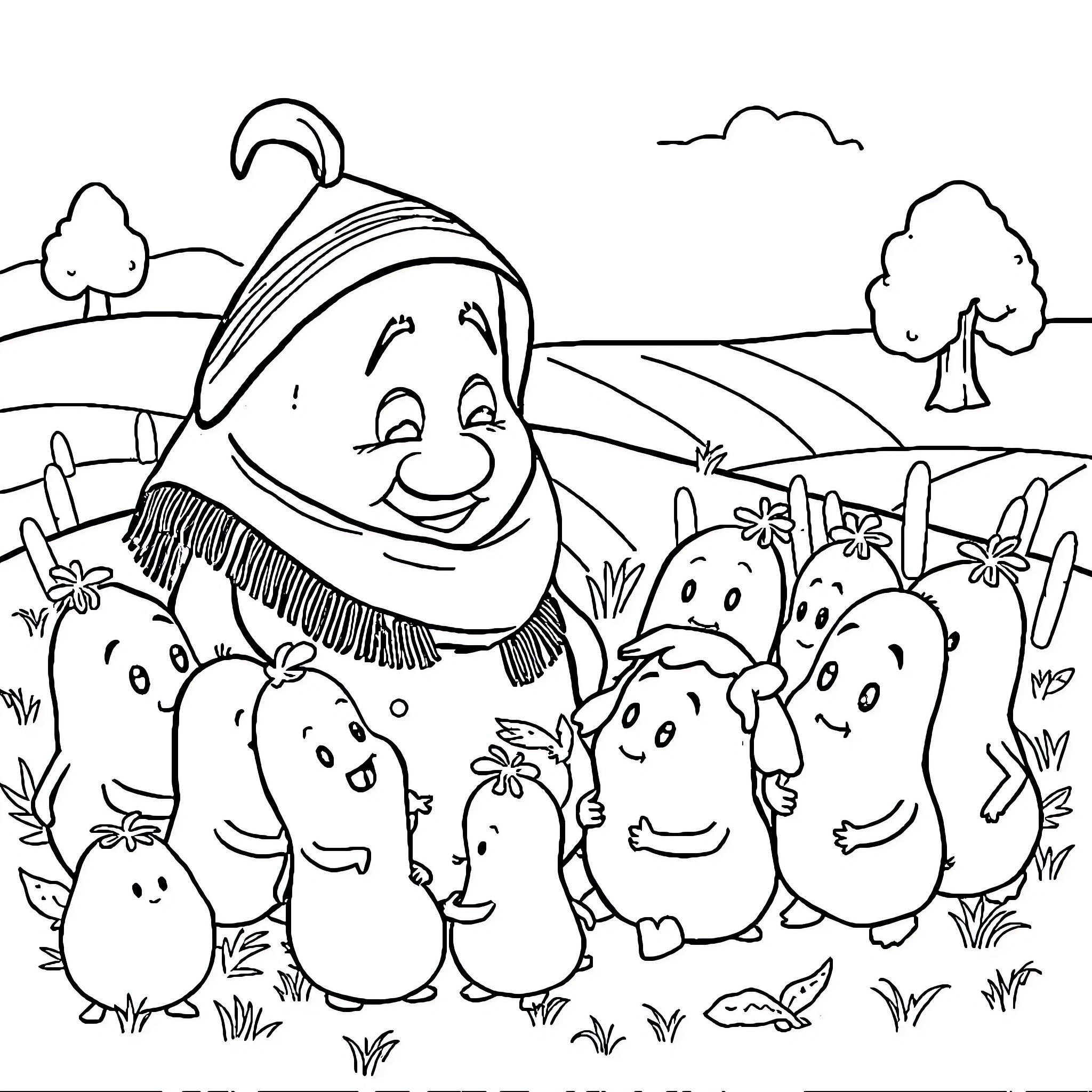 Potato friends exploring the outdoors Coloring Page (free black-and-white line drawing printable PDF for all, from beginners to advanced learners, including children, teens, adults, and seniors)