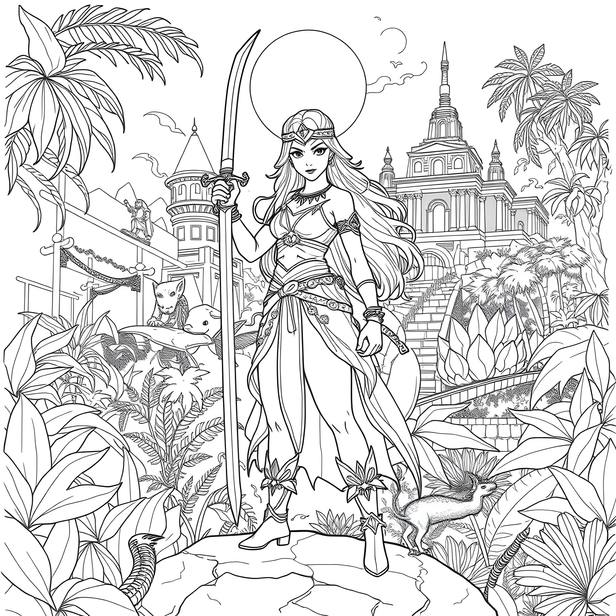 Raya the warrior princess in a fantastical landscape Coloring Page (free black-and-white line drawing printable PDF for all, from beginners to advanced learners, including children, teens, adults, and seniors)