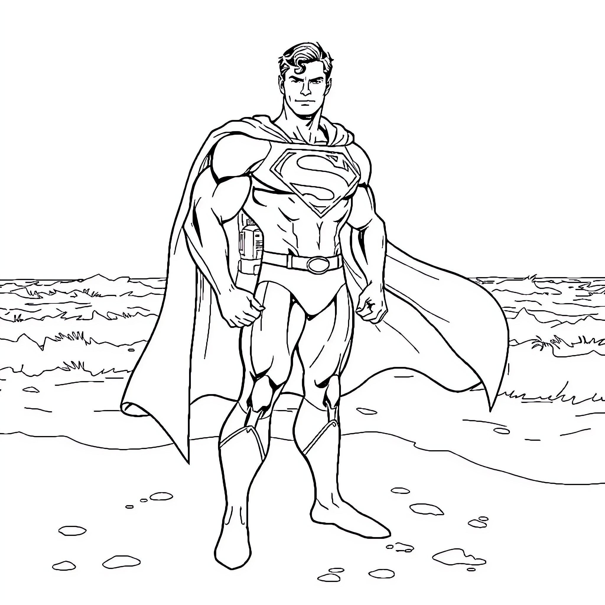 Superman standing heroically in the wilderness Coloring Page (free black-and-white line drawing printable PDF for all, from beginners to advanced learners, including children, teens, adults, and seniors)