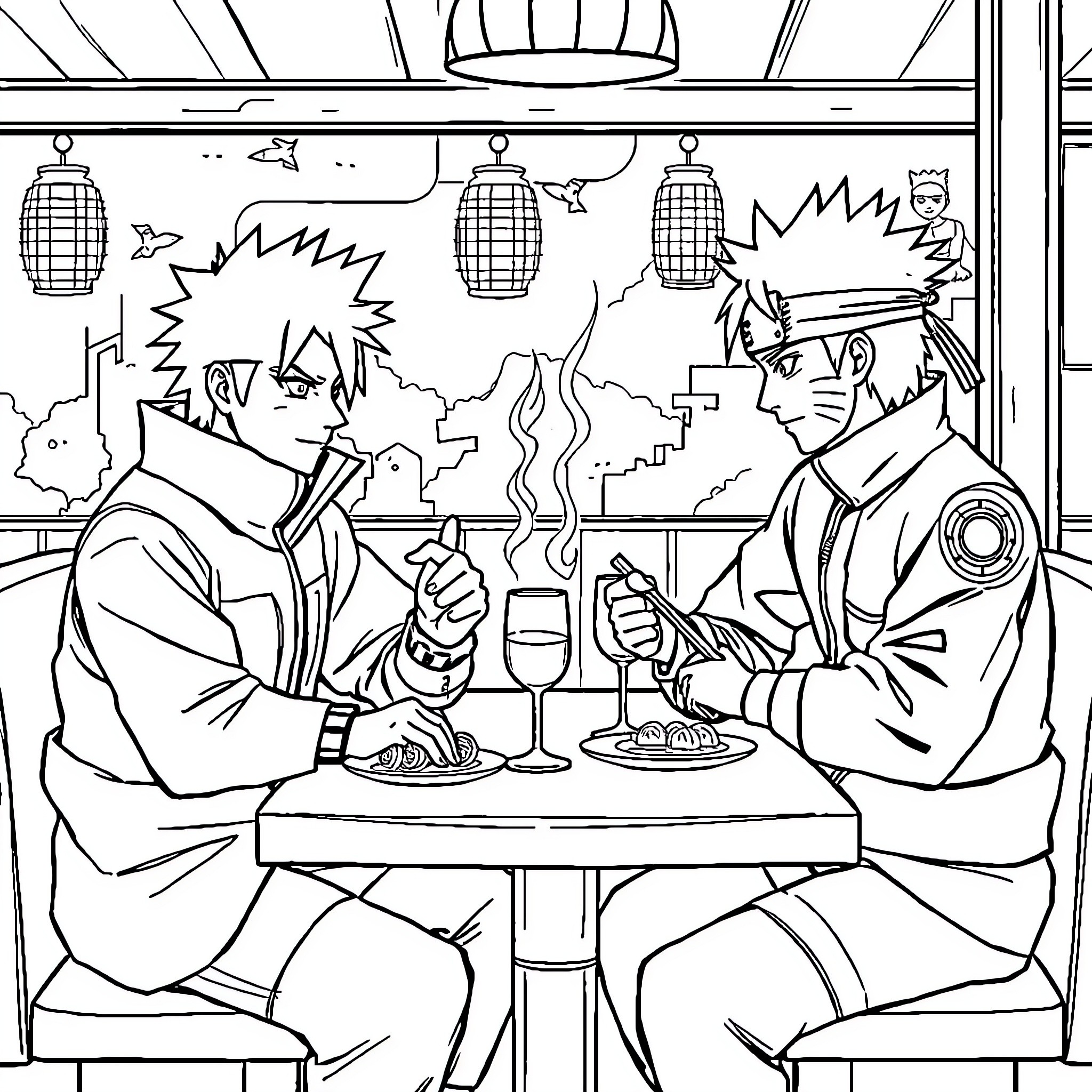 Sangoku characters enjoying a meal and drinks together Coloring Page (free black-and-white line drawing printable PDF for all, from beginners to advanced learners, including children, teens, adults, and seniors)