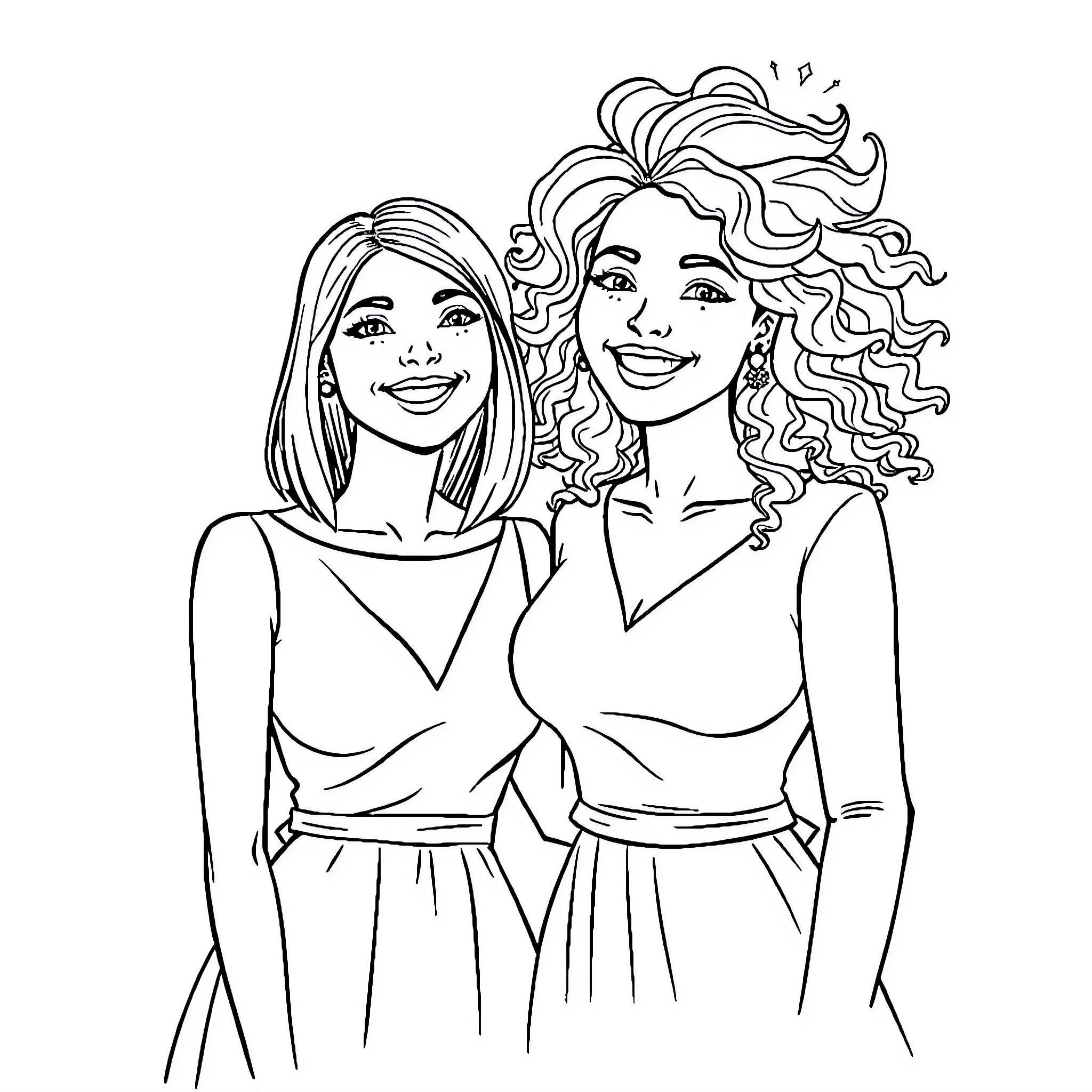 Woman Enjoying Conversation with Smiling Friend Coloring Page (free black-and-white line drawing printable PDF for all, from beginners to advanced learners, including children, teens, adults, and seniors)