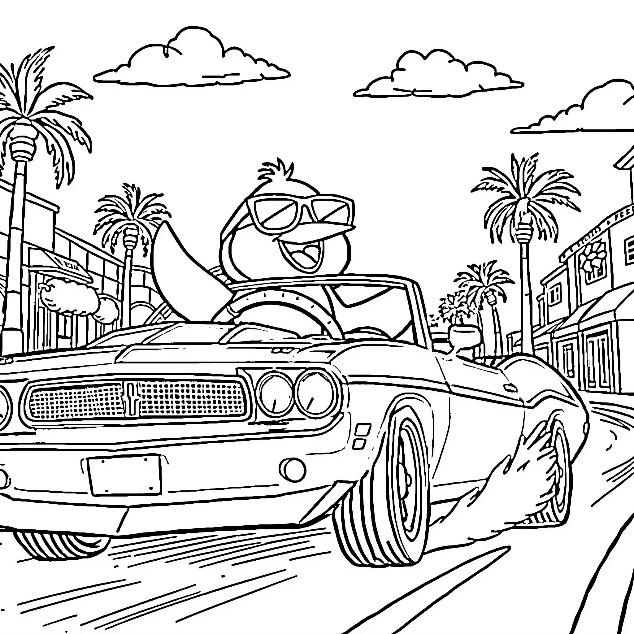 Penguin driving a hot rod car on a tropical street Coloring Page (free black-and-white line drawing printable PDF for all, from beginners to advanced learners, including children, teens, adults, and seniors)