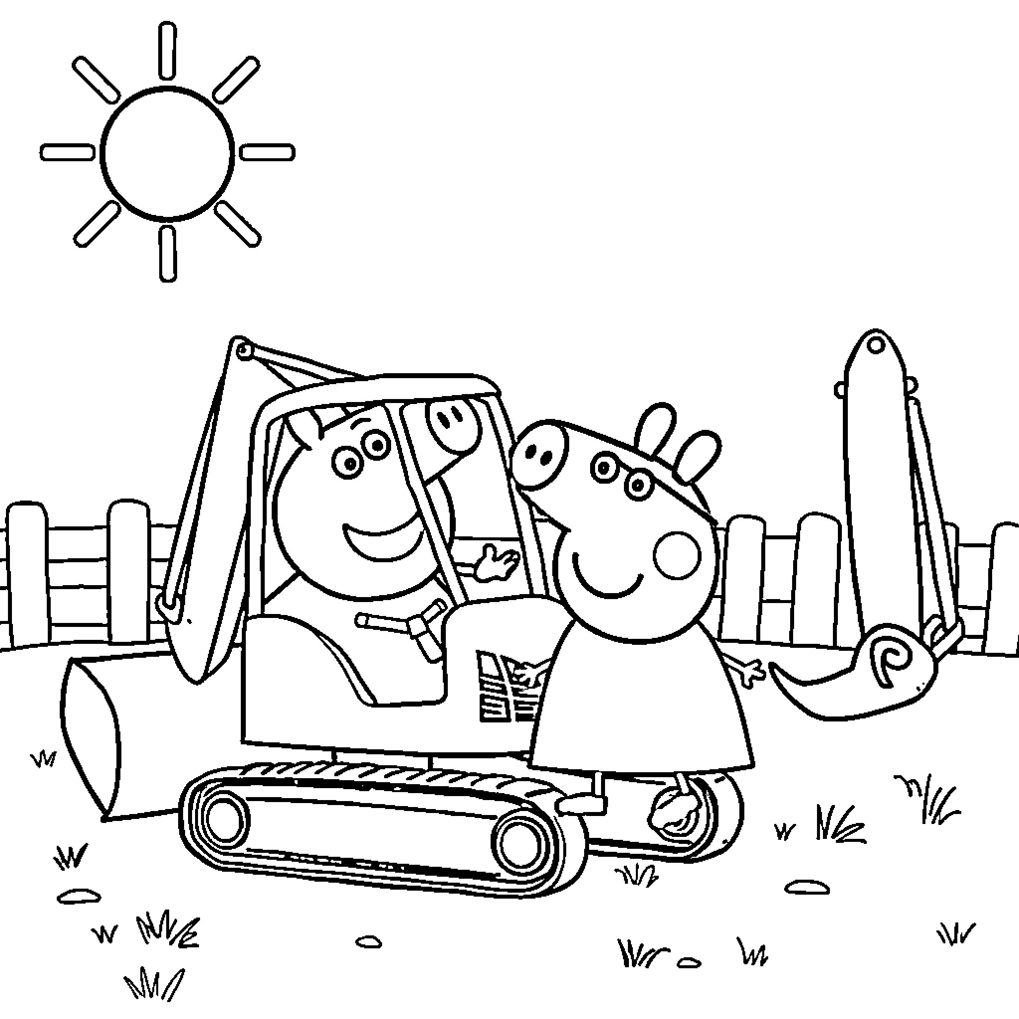 Bluey and Bingo playing with construction equipment Coloring Page (free black-and-white line drawing printable PDF for all, from beginners to advanced learners, including children, teens, adults, and seniors)