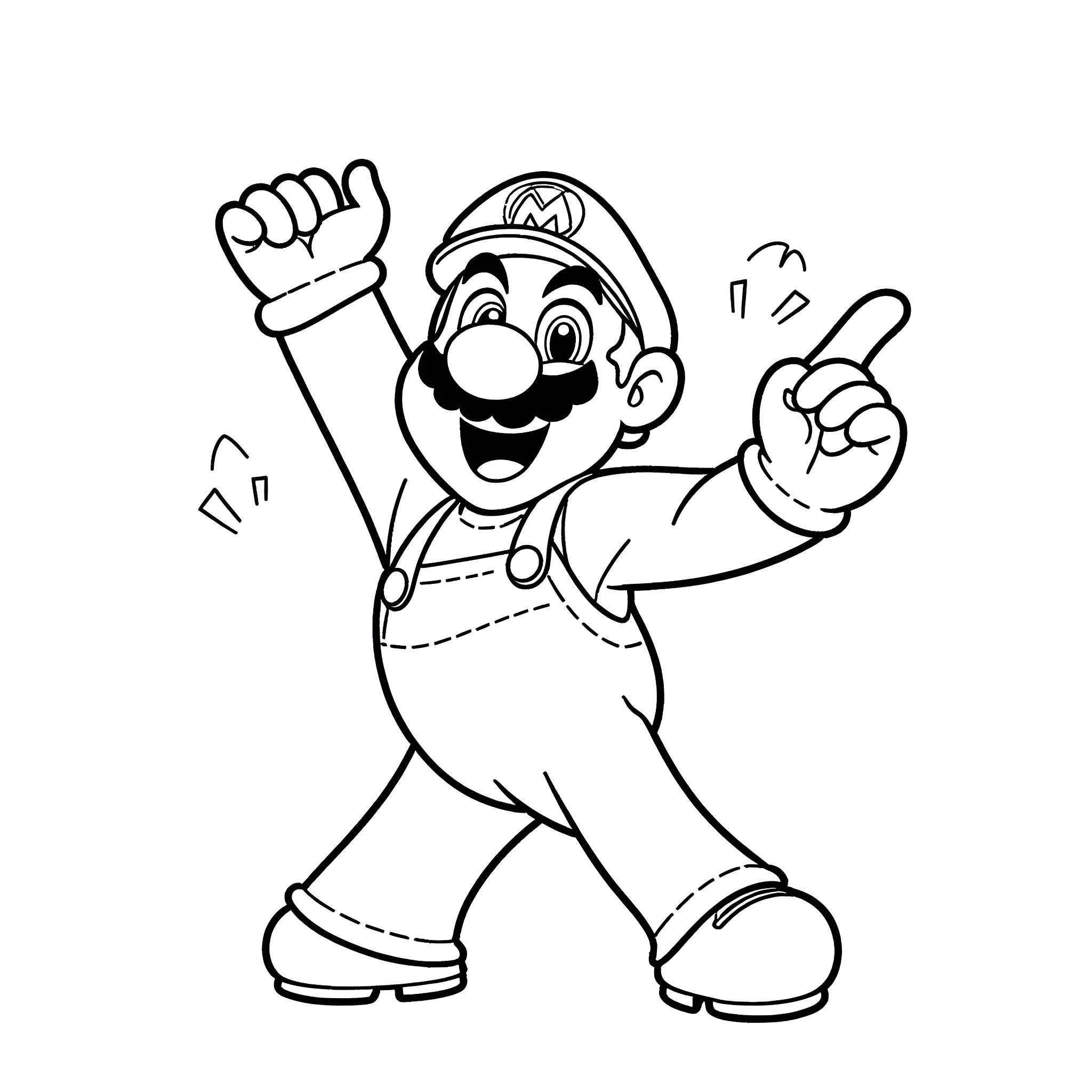 Super Mario celebrating with a victory pose Coloring Page (free black-and-white line drawing printable PDF for all, from beginners to advanced learners, including children, teens, adults, and seniors)