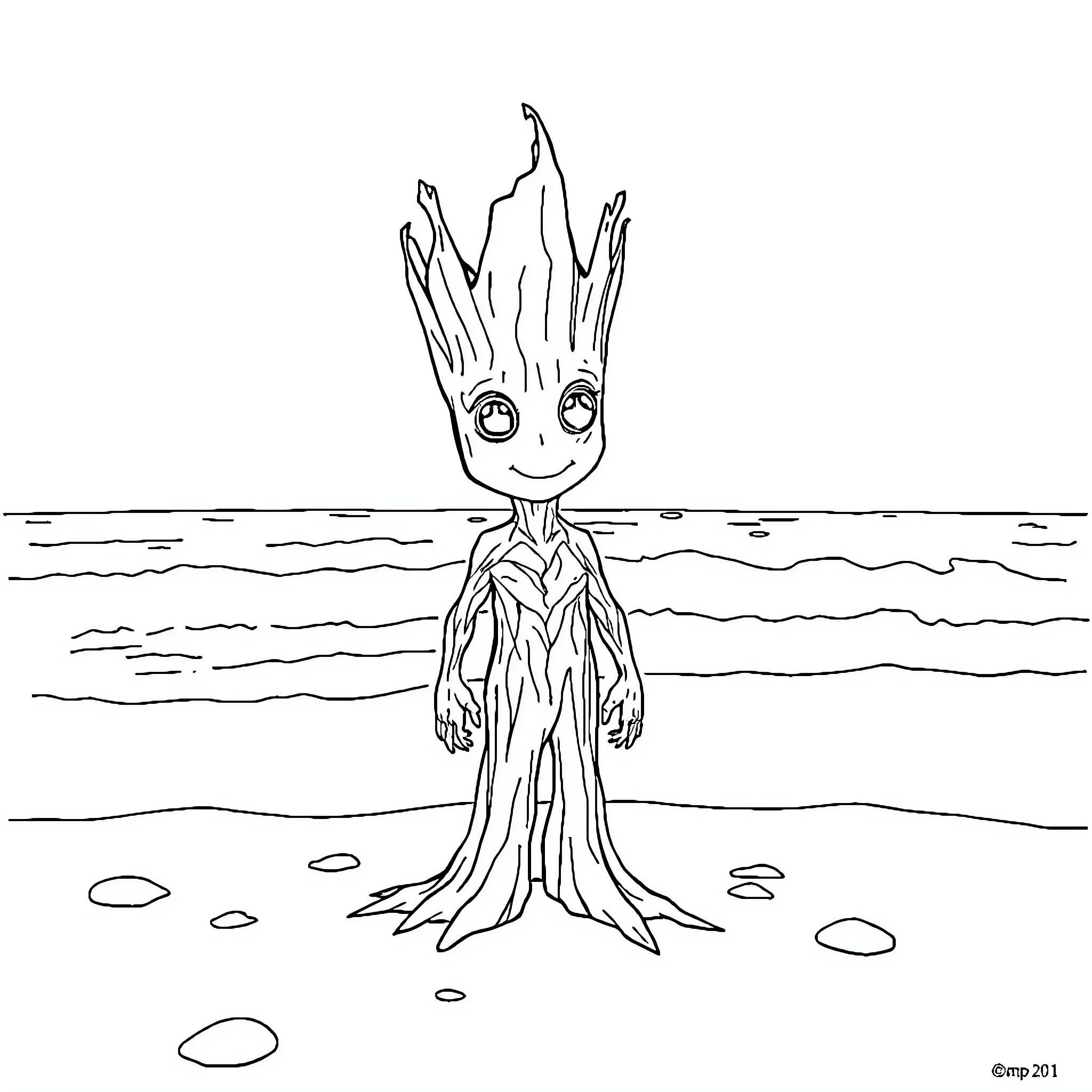 Groot standing cheerfully on the beach Coloring Page (free black-and-white line drawing printable PDF for all, from beginners to advanced learners, including children, teens, adults, and seniors)