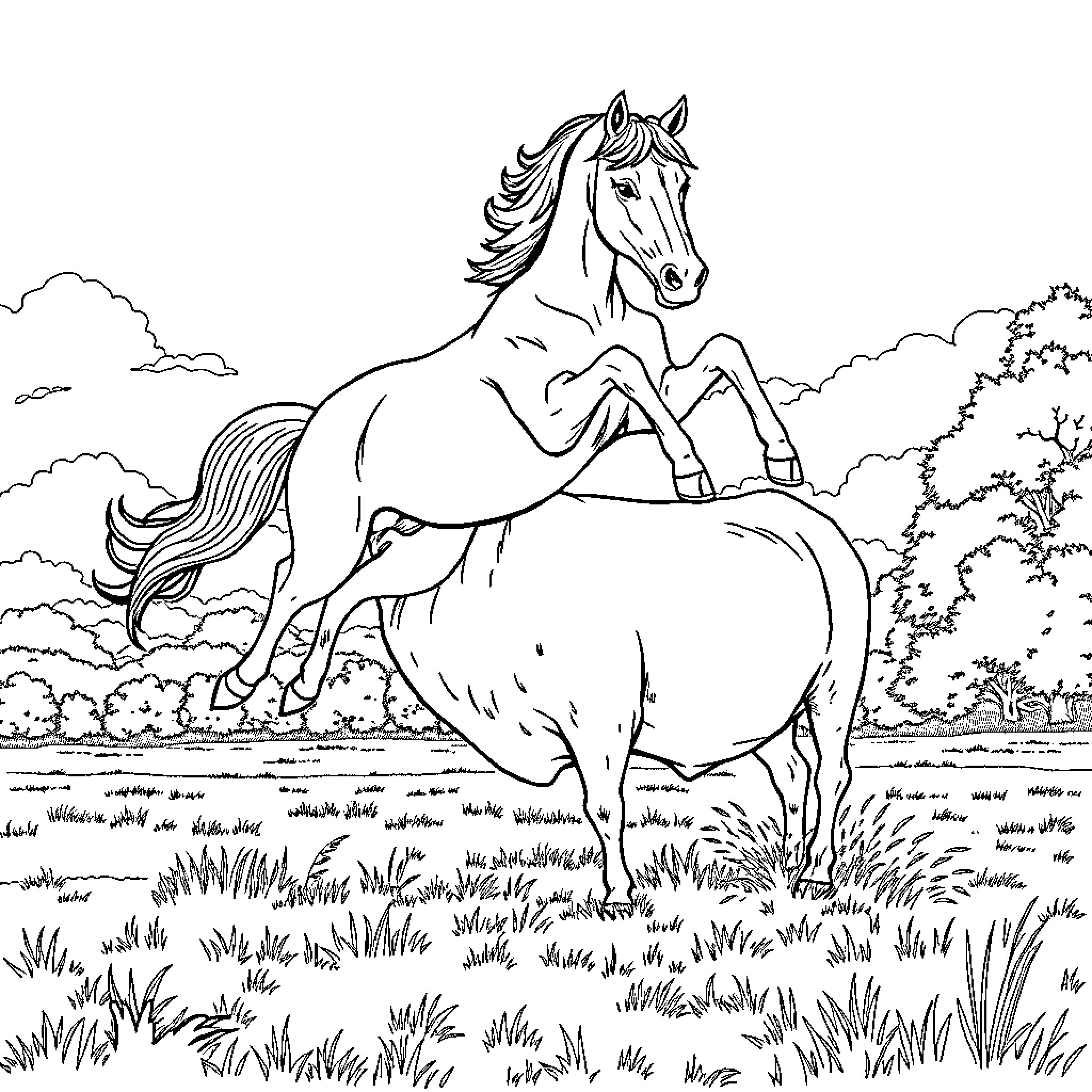 Horse running freely through the countryside Coloring Page (free black-and-white line drawing printable PDF for all, from beginners to advanced learners, including children, teens, adults, and seniors)