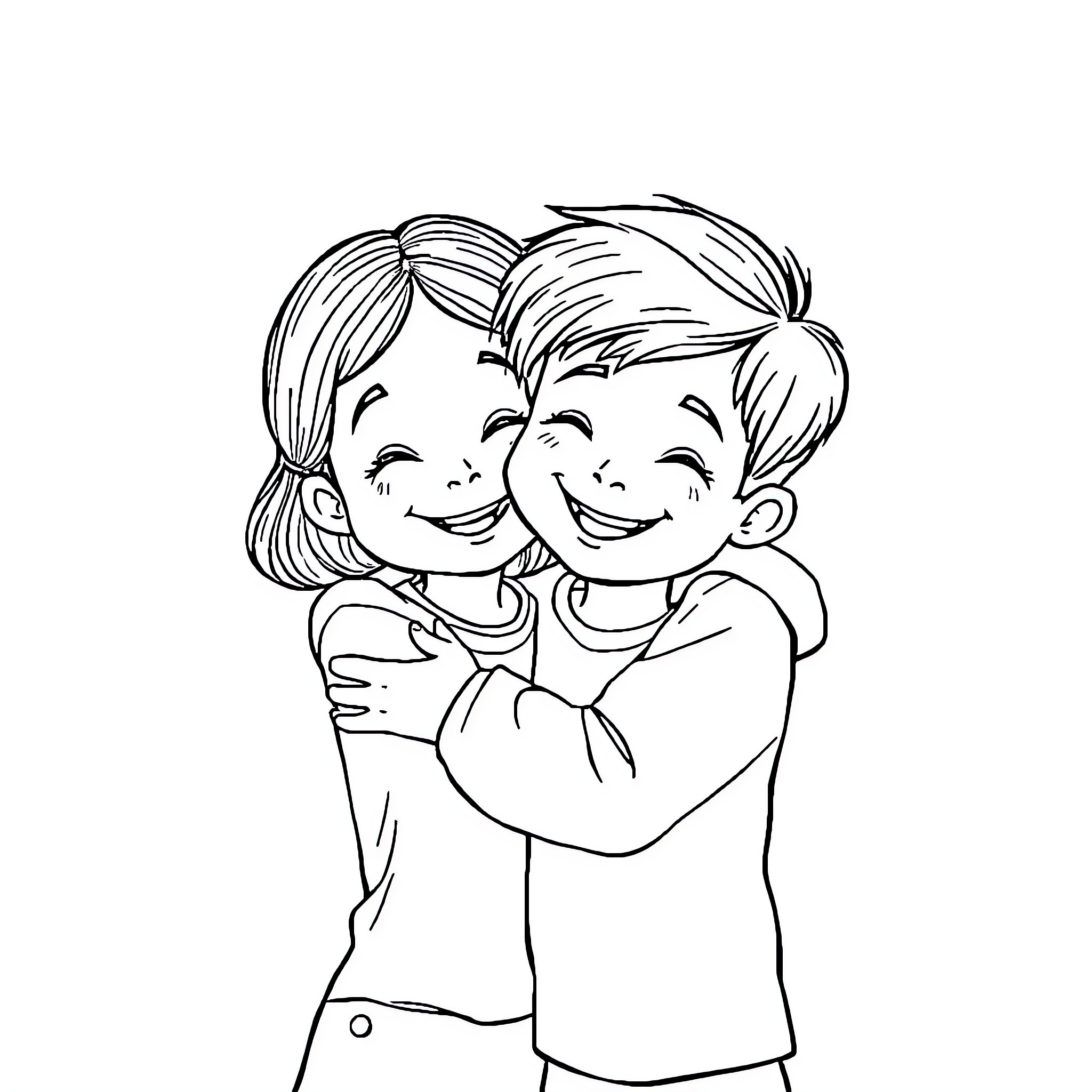Siblings sharing a hug and joyful moment Coloring Page (free black-and-white line drawing printable PDF for all, from beginners to advanced learners, including children, teens, adults, and seniors)