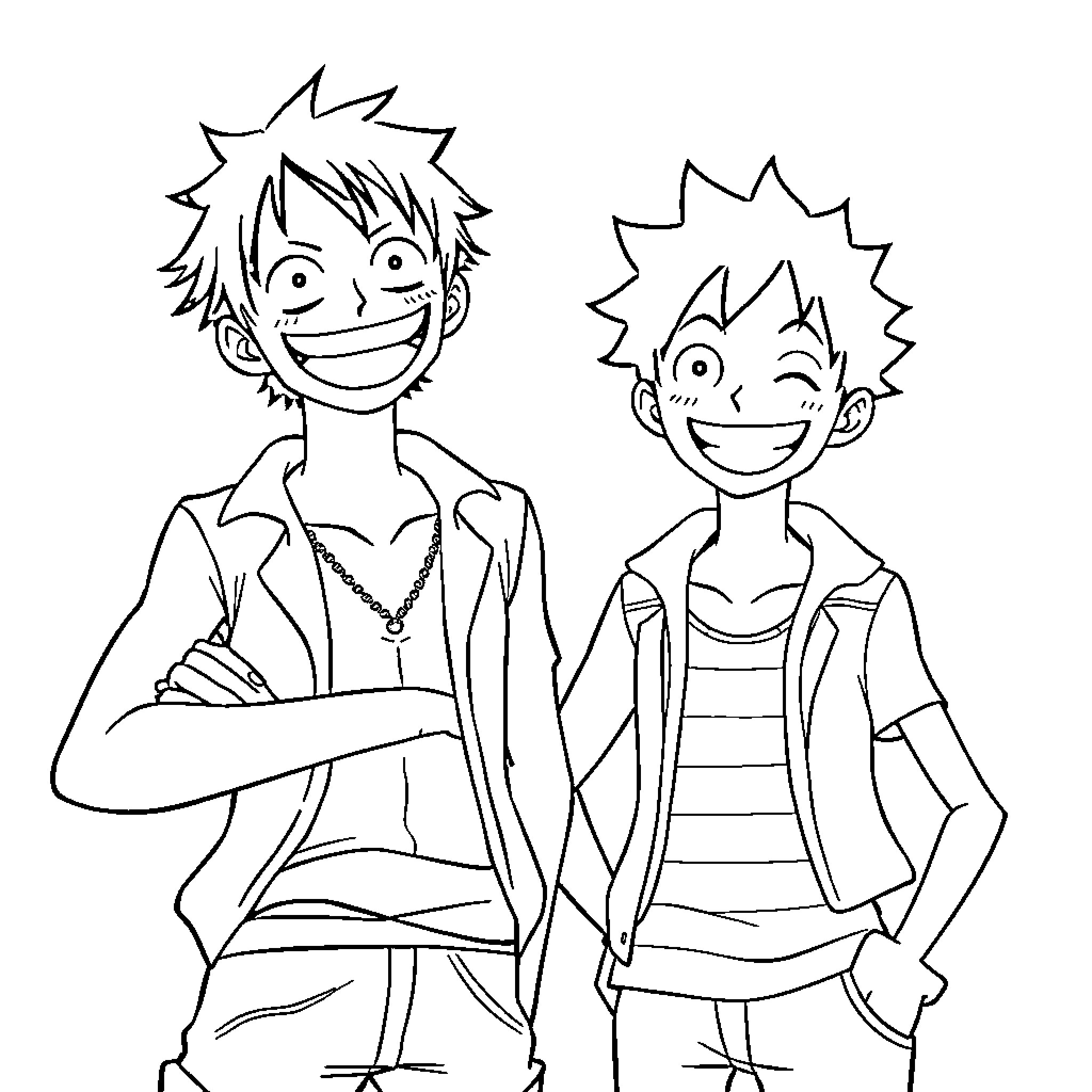 Luffy and Ace's Adventurous Expressions Coloring Page (free black-and-white line drawing printable PDF for all, from beginners to advanced learners, including children, teens, adults, and seniors)