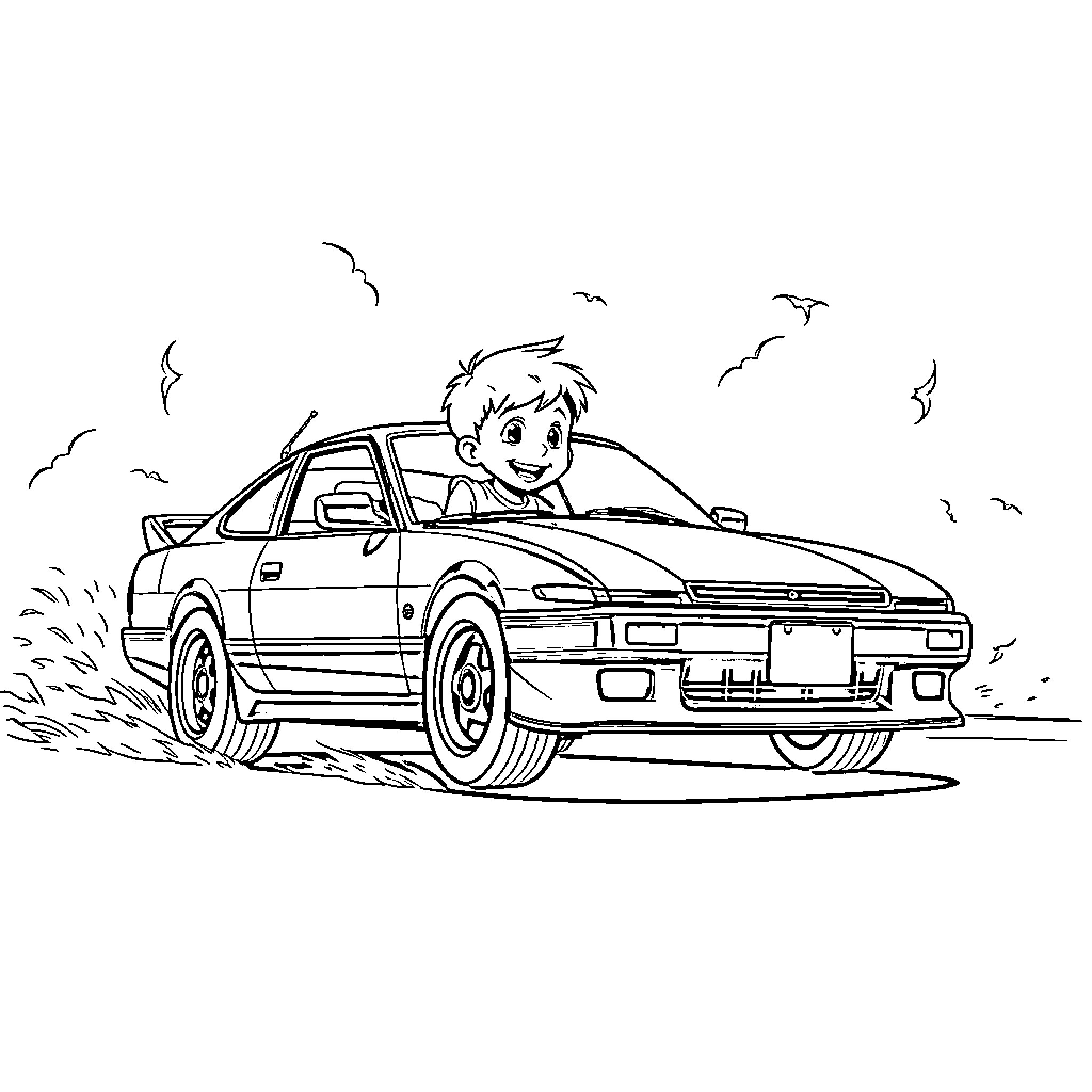Boy driving sports car on the road Coloring Page (free black-and-white line drawing printable PDF for all, from beginners to advanced learners, including children, teens, adults, and seniors)