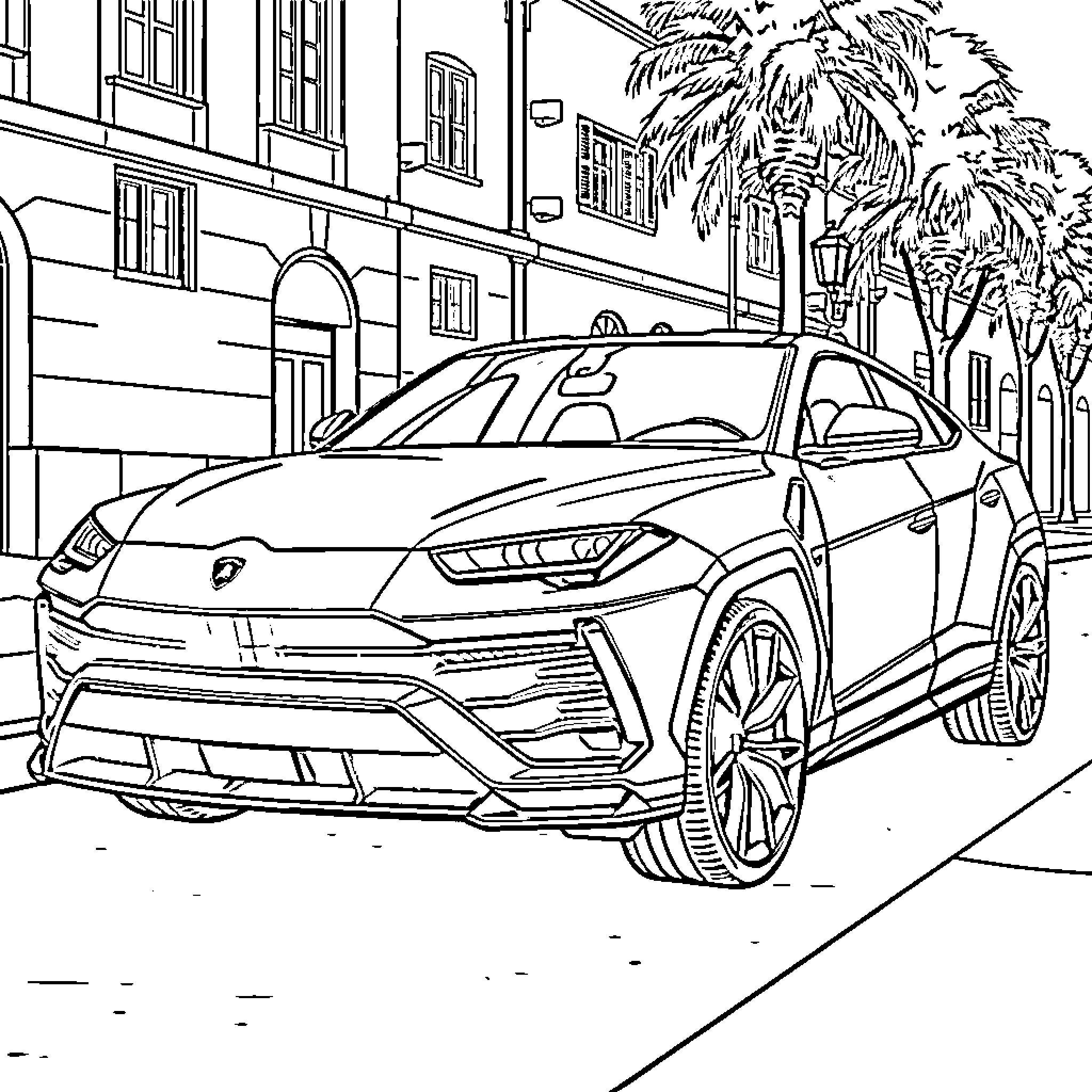 Lamborghini luxury sports car on city street Coloring Page (free black-and-white line drawing printable PDF for all, from beginners to advanced learners, including children, teens, adults, and seniors)