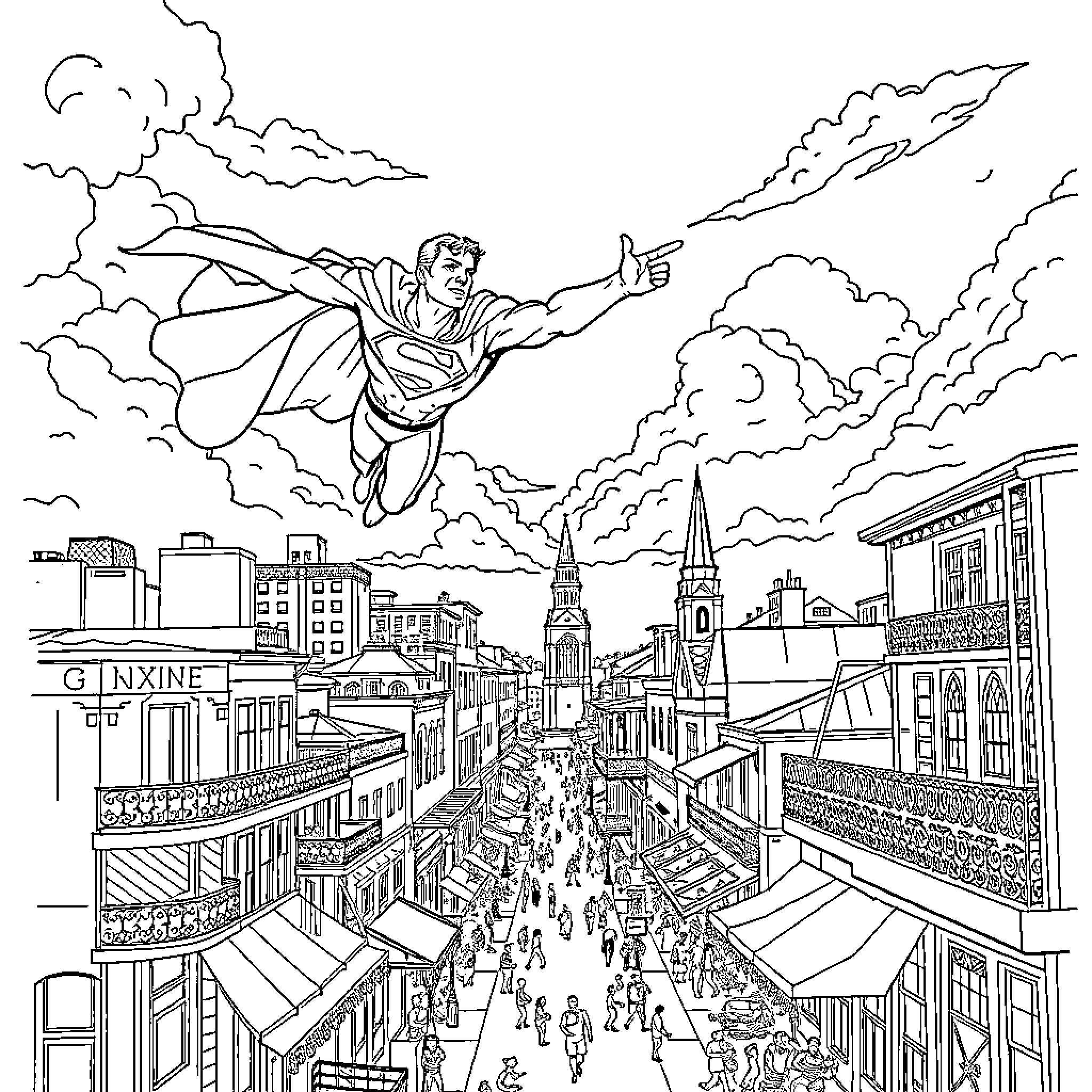 Superman soaring over bustling city skyline Coloring Page (free black-and-white line drawing printable PDF for all, from beginners to advanced learners, including children, teens, adults, and seniors)