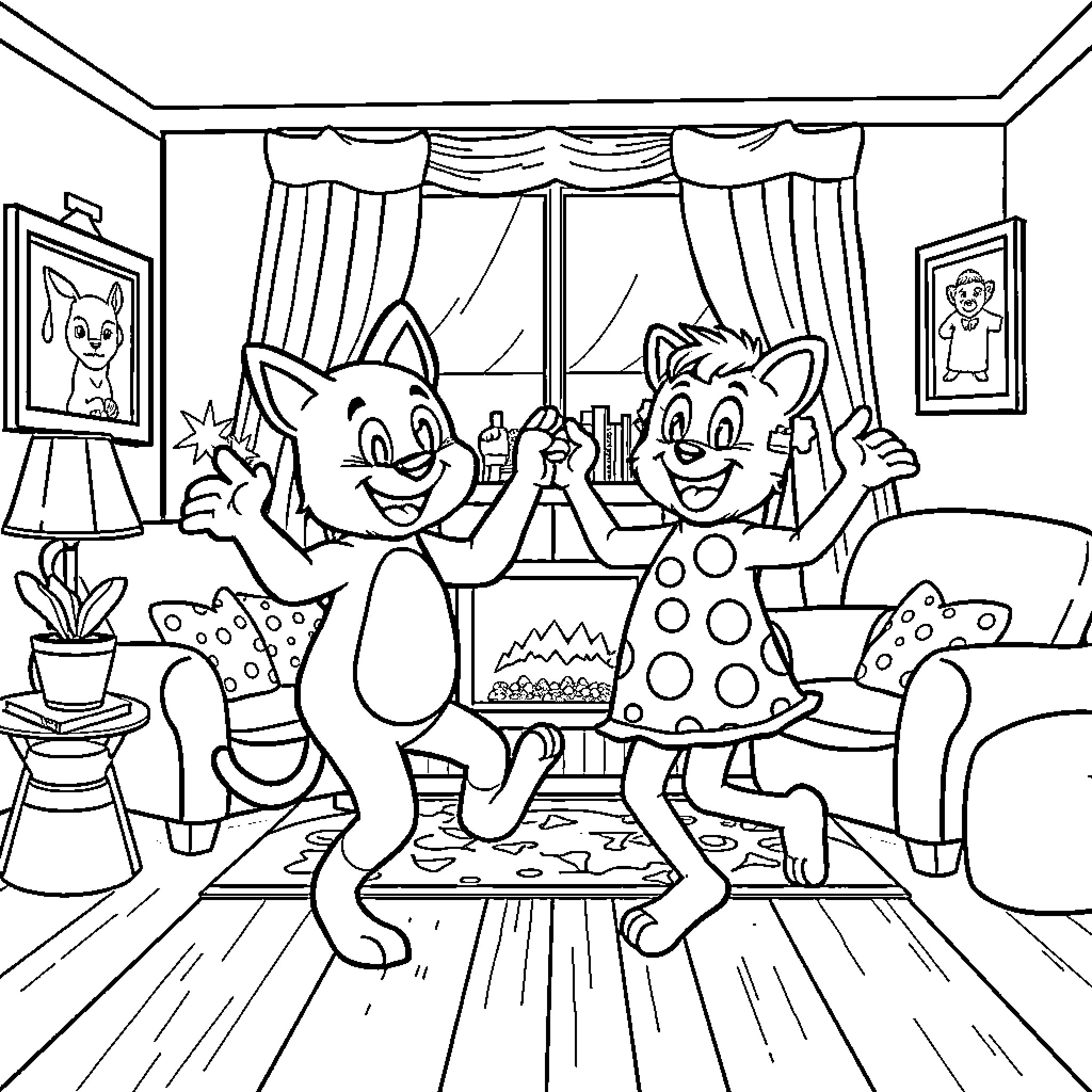 Bluey's Friendly Dance in the Living Room Coloring Page (free black-and-white line drawing printable PDF for all, from beginners to advanced learners, including children, teens, adults, and seniors)