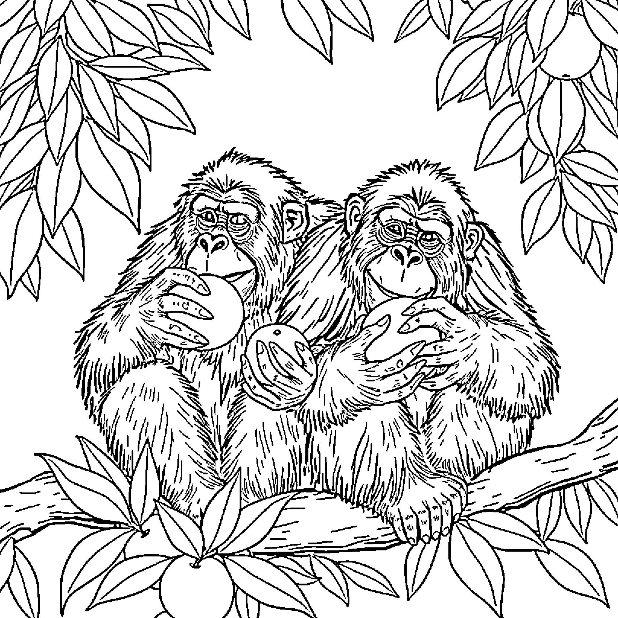 Orangutan friends enjoying each other's company Coloring Page (free black-and-white line drawing printable PDF for all, from beginners to advanced learners, including children, teens, adults, and seniors)