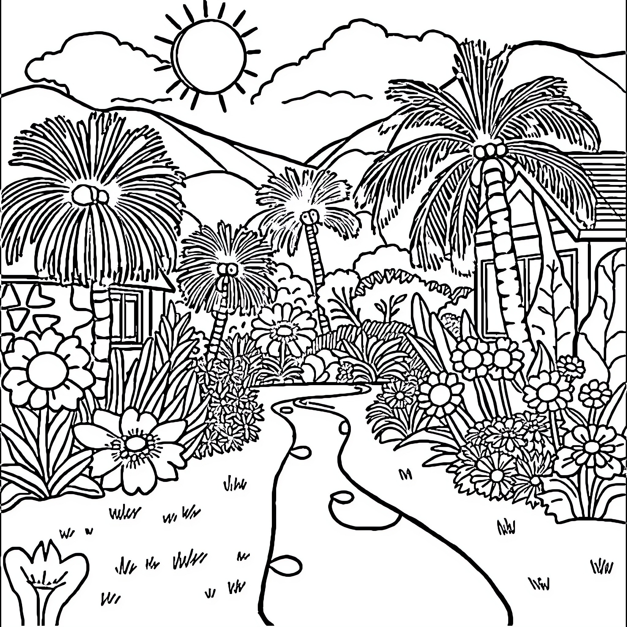 Colorful Tropical Garden Landscape Coloring Page (free black-and-white line drawing printable PDF for all, from beginners to advanced learners, including children, teens, adults, and seniors)