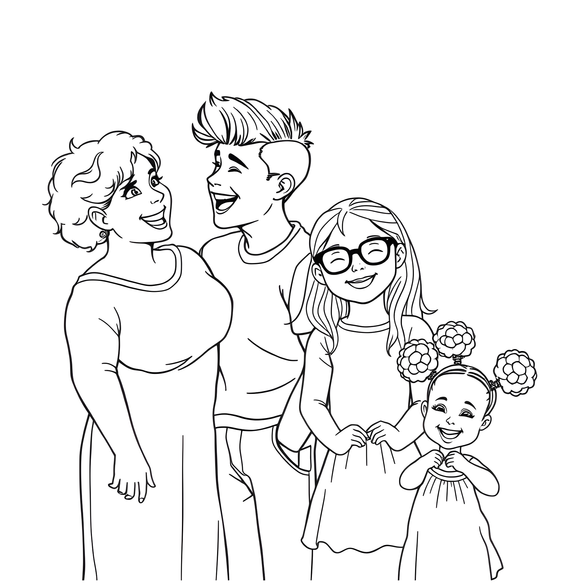 Family enjoying quality time together Coloring Page (free black-and-white line drawing printable PDF for all, from beginners to advanced learners, including children, teens, adults, and seniors)
