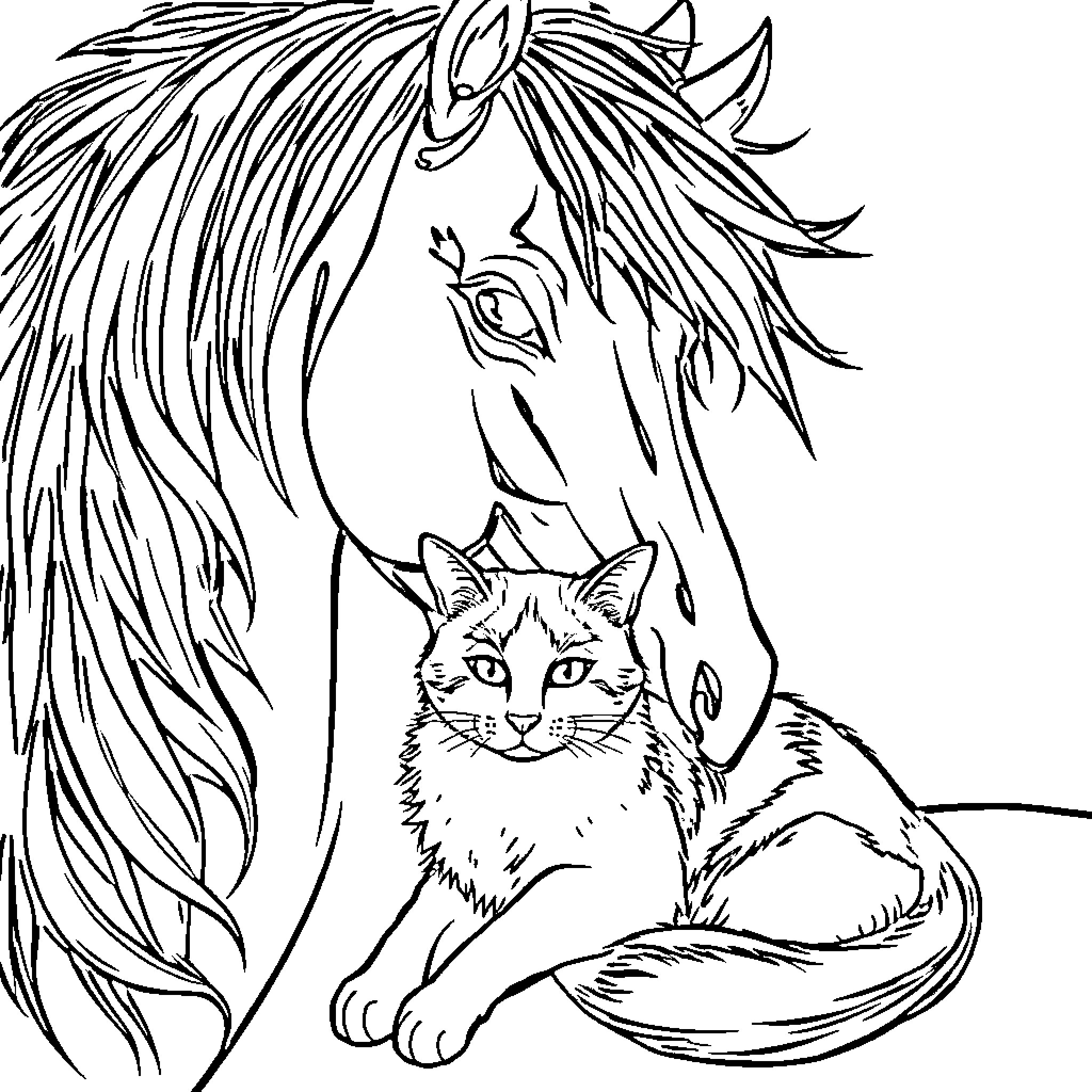 Horse and cat sharing a peaceful moment Coloring Page (free black-and-white line drawing printable PDF for all, from beginners to advanced learners, including children, teens, adults, and seniors)