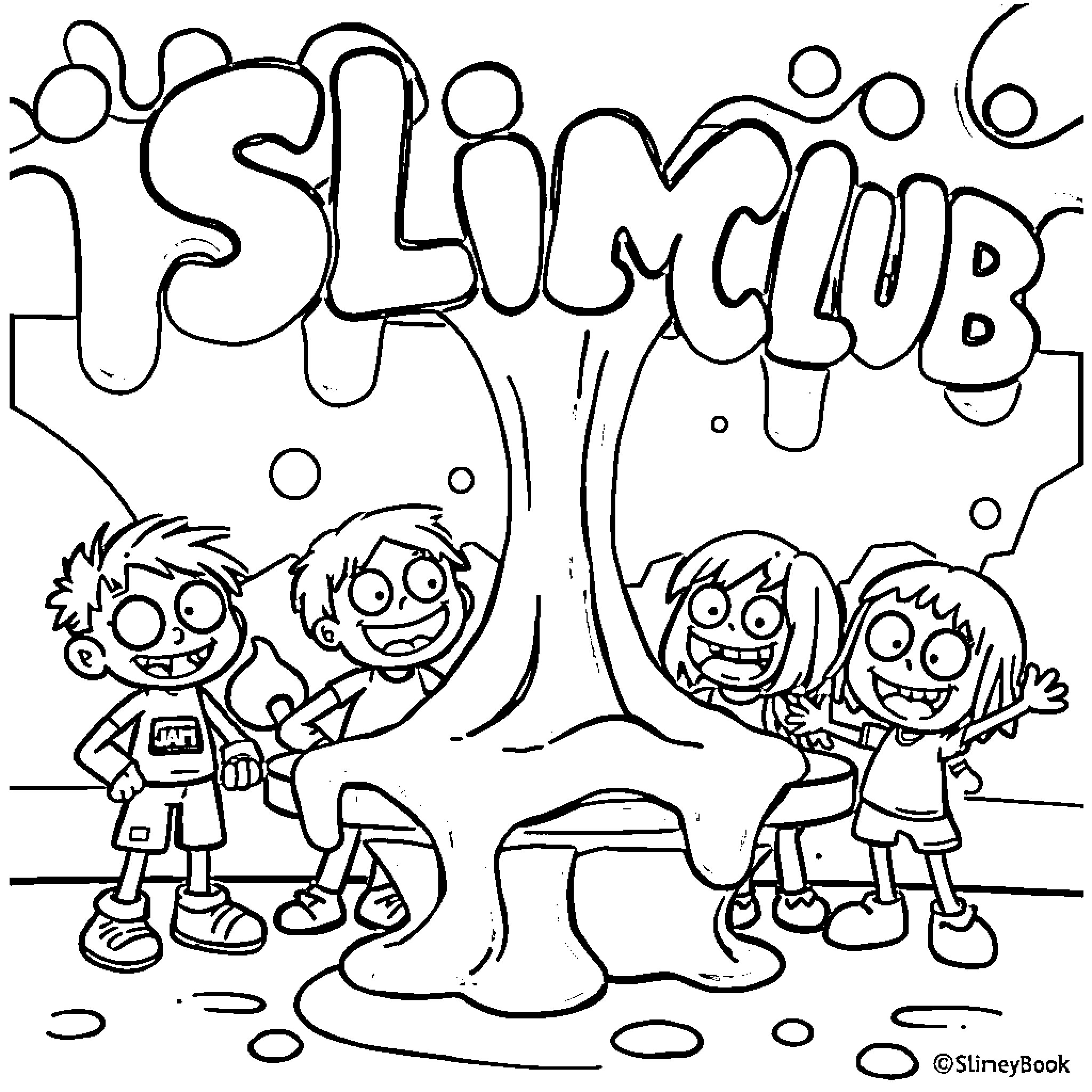 Slime Club: Children Playing with Slime Coloring Page (free black-and-white line drawing printable PDF for all, from beginners to advanced learners, including children, teens, adults, and seniors)