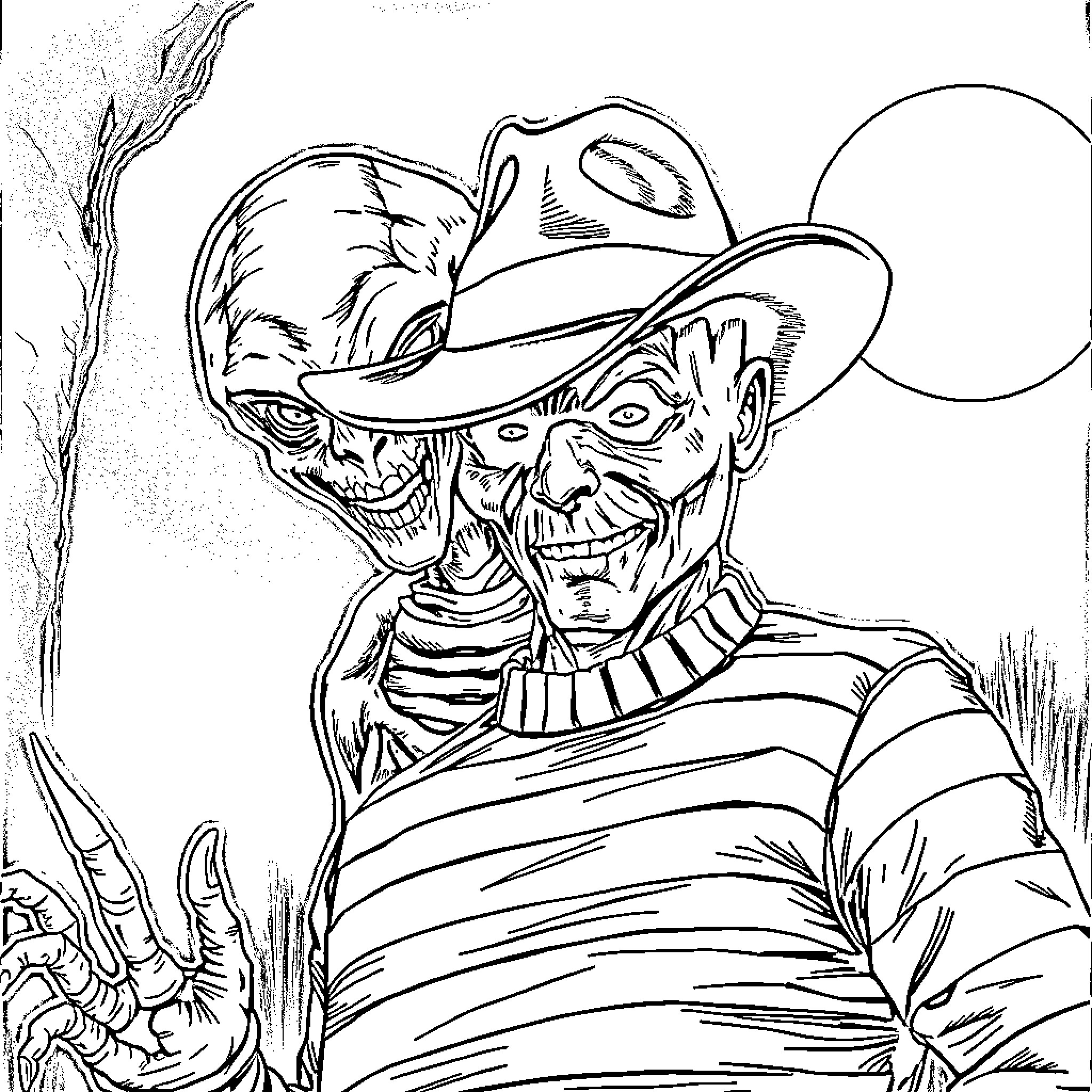 Alien Cowboy Villain in Spooky Landscape Coloring Page (free black-and-white line drawing printable PDF for all, from beginners to advanced learners, including children, teens, adults, and seniors)