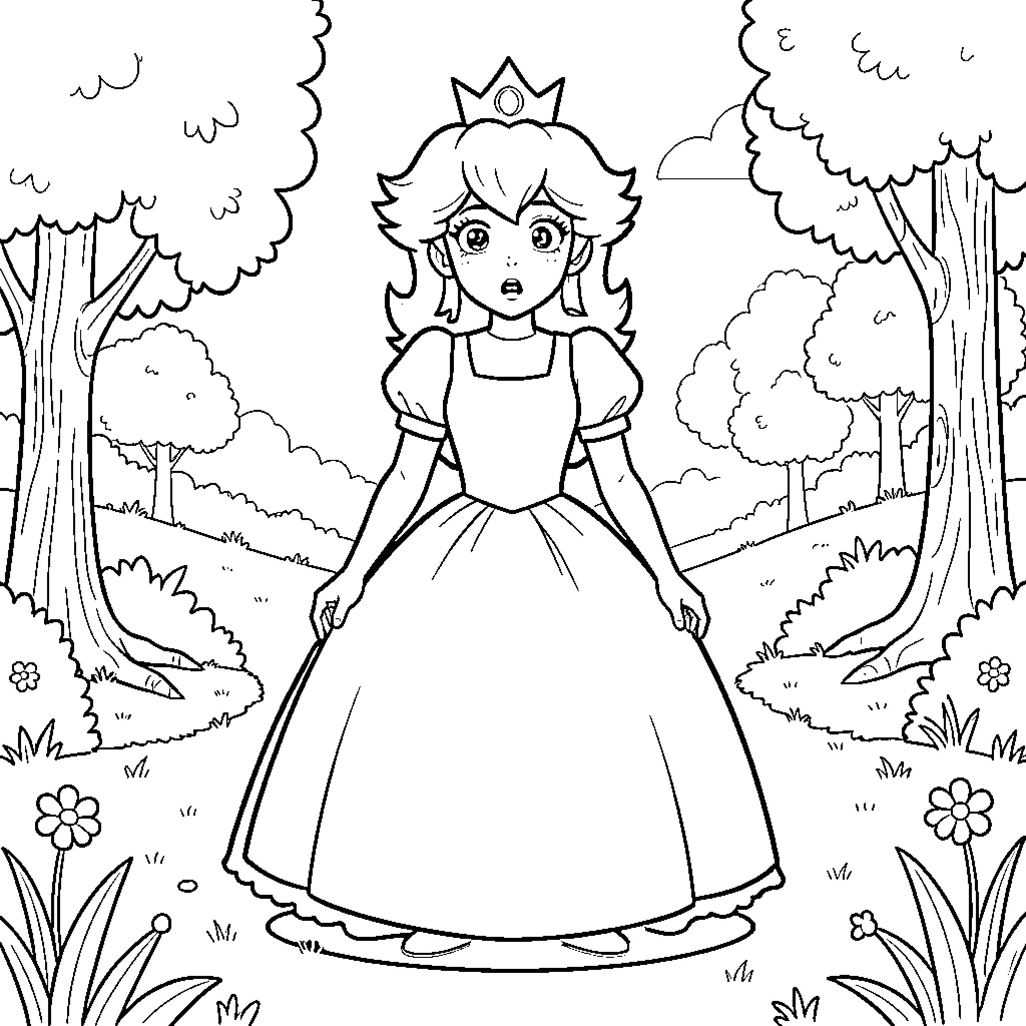 Princess Peach standing with a surprised expression in a forest Coloring Page (free black-and-white line drawing printable PDF for all, from beginners to advanced learners, including children, teens, adults, and seniors)