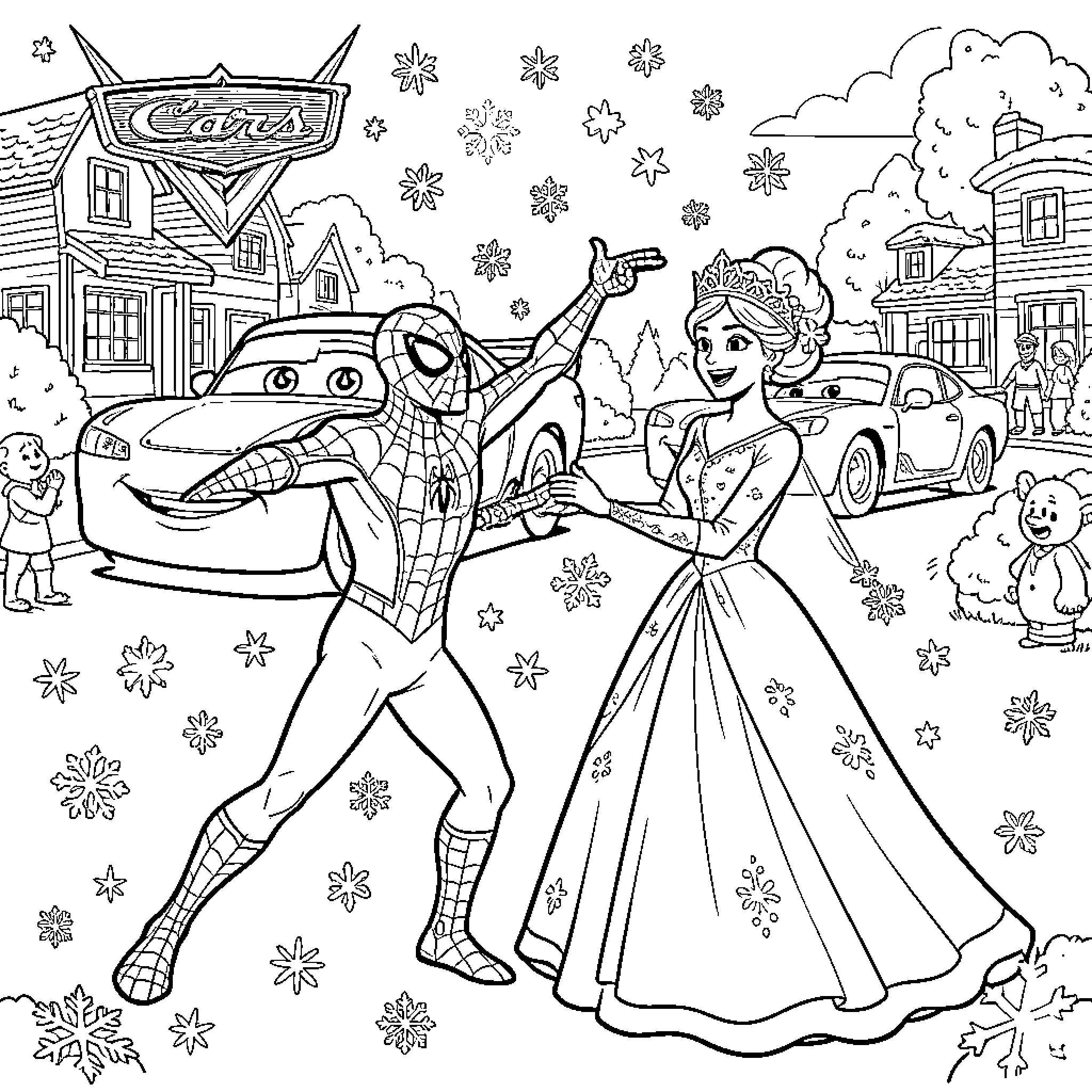Spiderman dancing with a princess in the winter wonderland Coloring Page (free black-and-white line drawing printable PDF for all, from beginners to advanced learners, including children, teens, adults, and seniors)