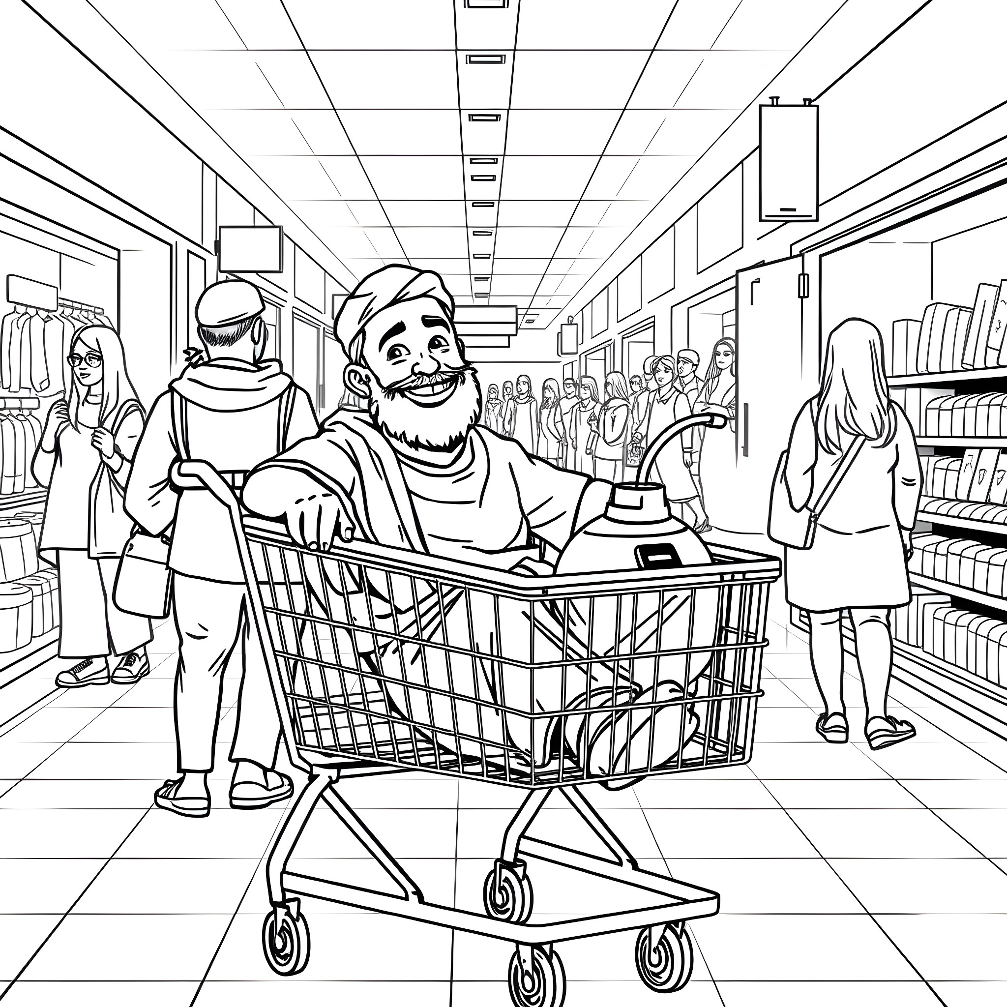 Muhammed's Joyful Shopping Excursion Coloring Page (free black-and-white line drawing printable PDF for all, from beginners to advanced learners, including children, teens, adults, and seniors)