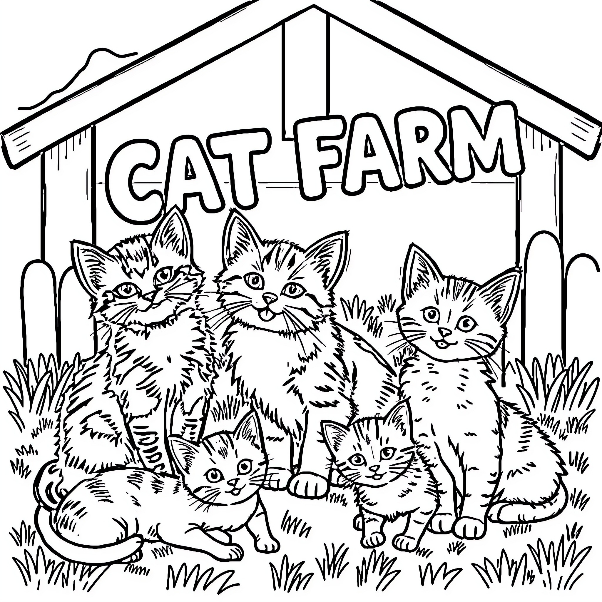 Cats at the Cat Farm Coloring Page (free black-and-white line drawing printable PDF for all, from beginners to advanced learners, including children, teens, adults, and seniors)
