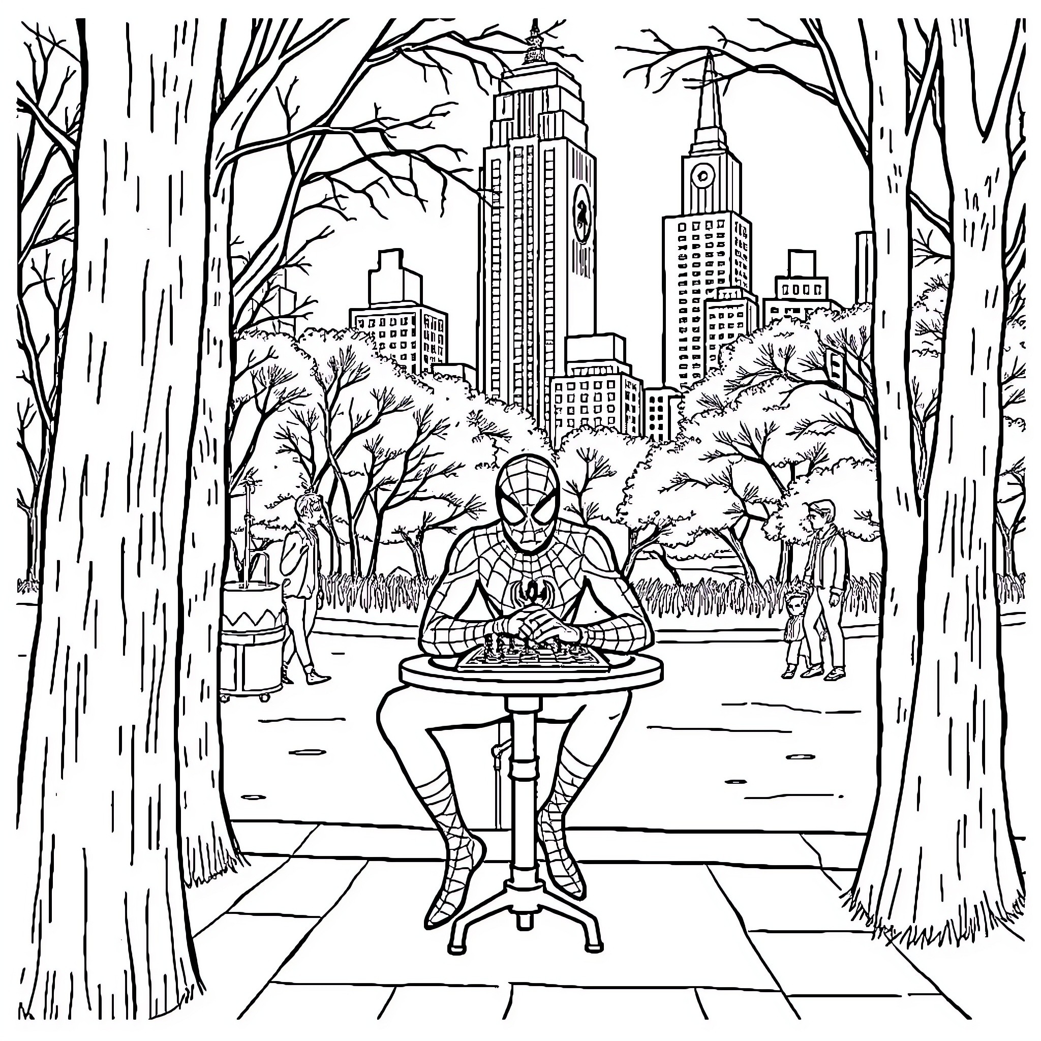 Spiderman enjoying a hot dog in the city park Coloring Page (free black-and-white line drawing printable PDF for all, from beginners to advanced learners, including children, teens, adults, and seniors)