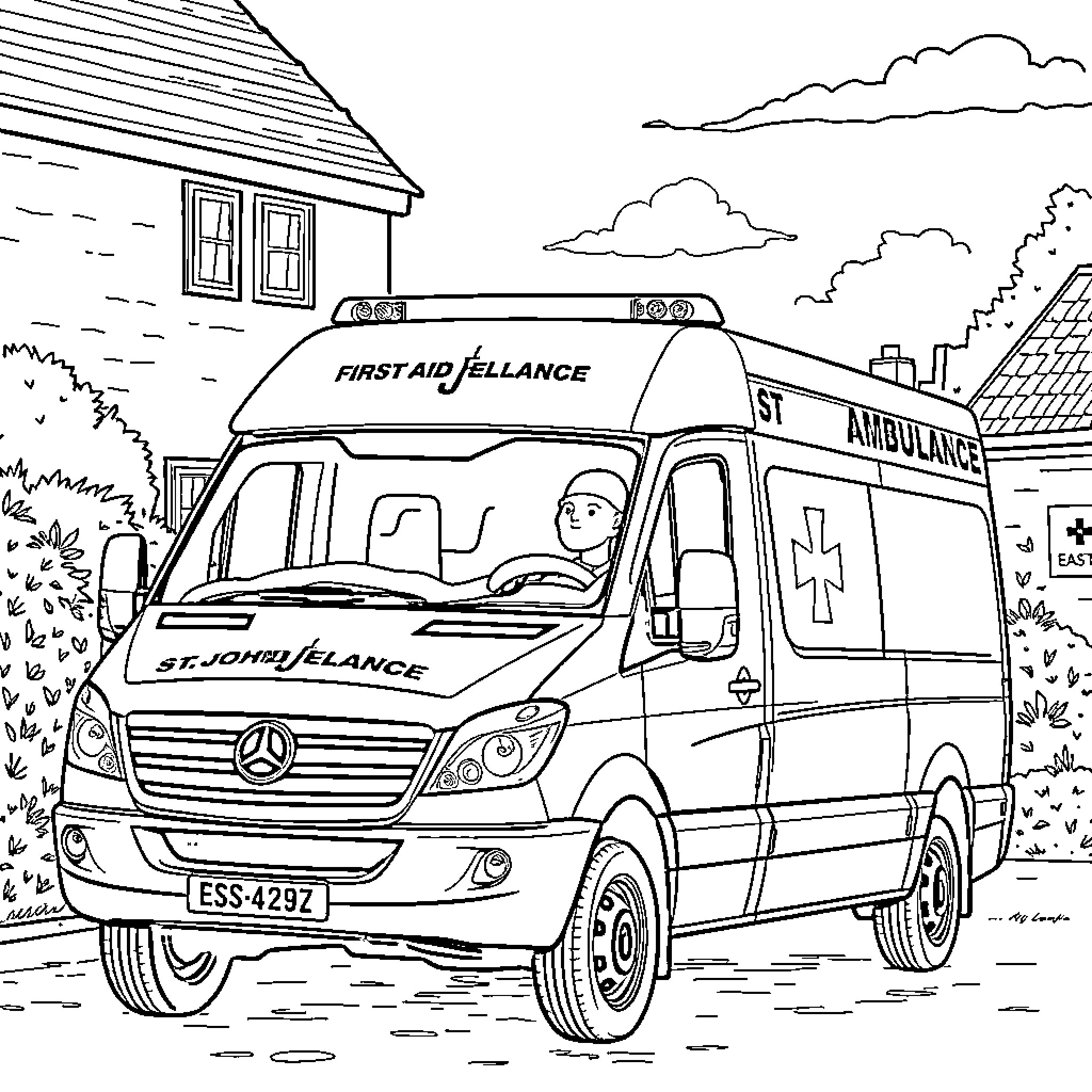 St. John Ambulance responding to an emergency call Coloring Page (free black-and-white line drawing printable PDF for all, from beginners to advanced learners, including children, teens, adults, and seniors)