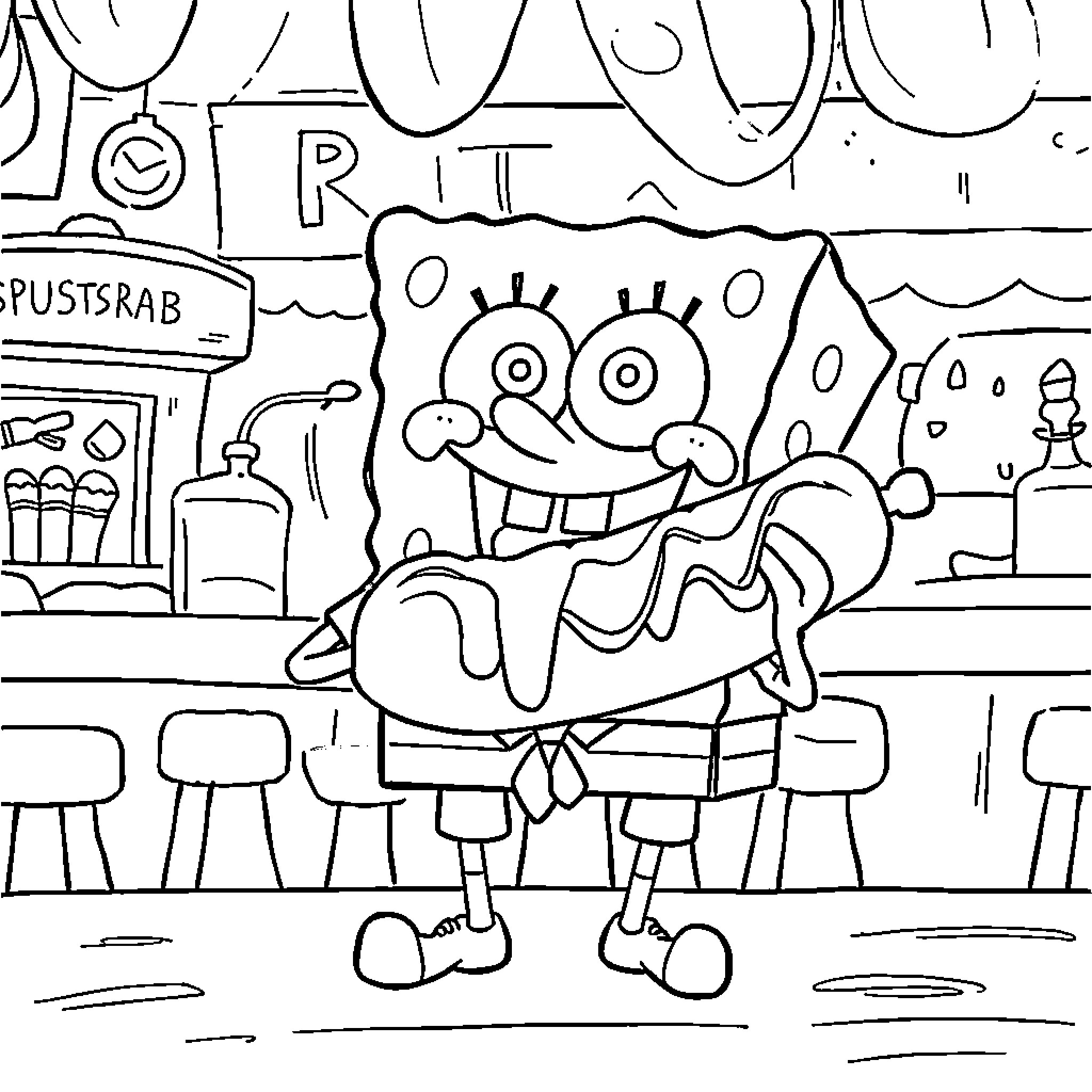 Spongebob enjoying a tasty treat at the Spustrab Coloring Page (free black-and-white line drawing printable PDF for all, from beginners to advanced learners, including children, teens, adults, and seniors)