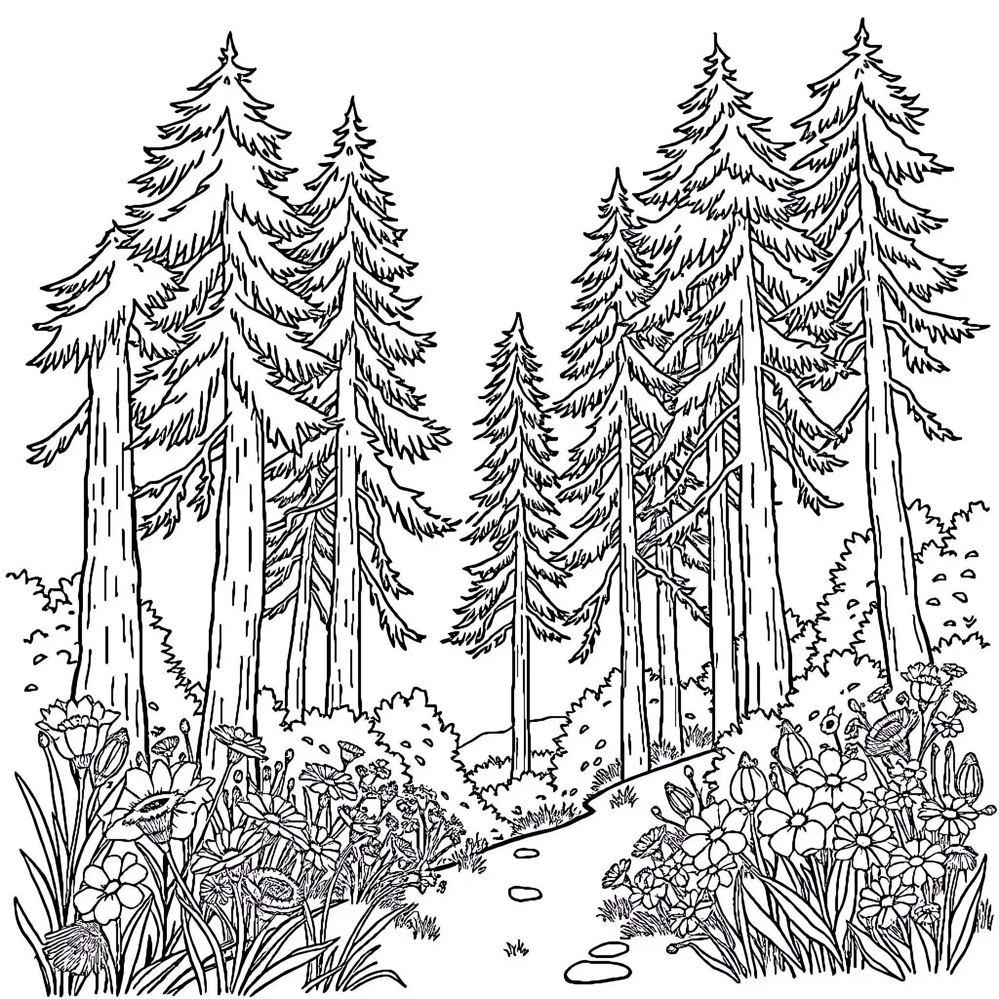 Nature's Enchanting Forest Landscape Coloring Page (free black-and-white line drawing printable PDF for all, from beginners to advanced learners, including children, teens, adults, and seniors)
