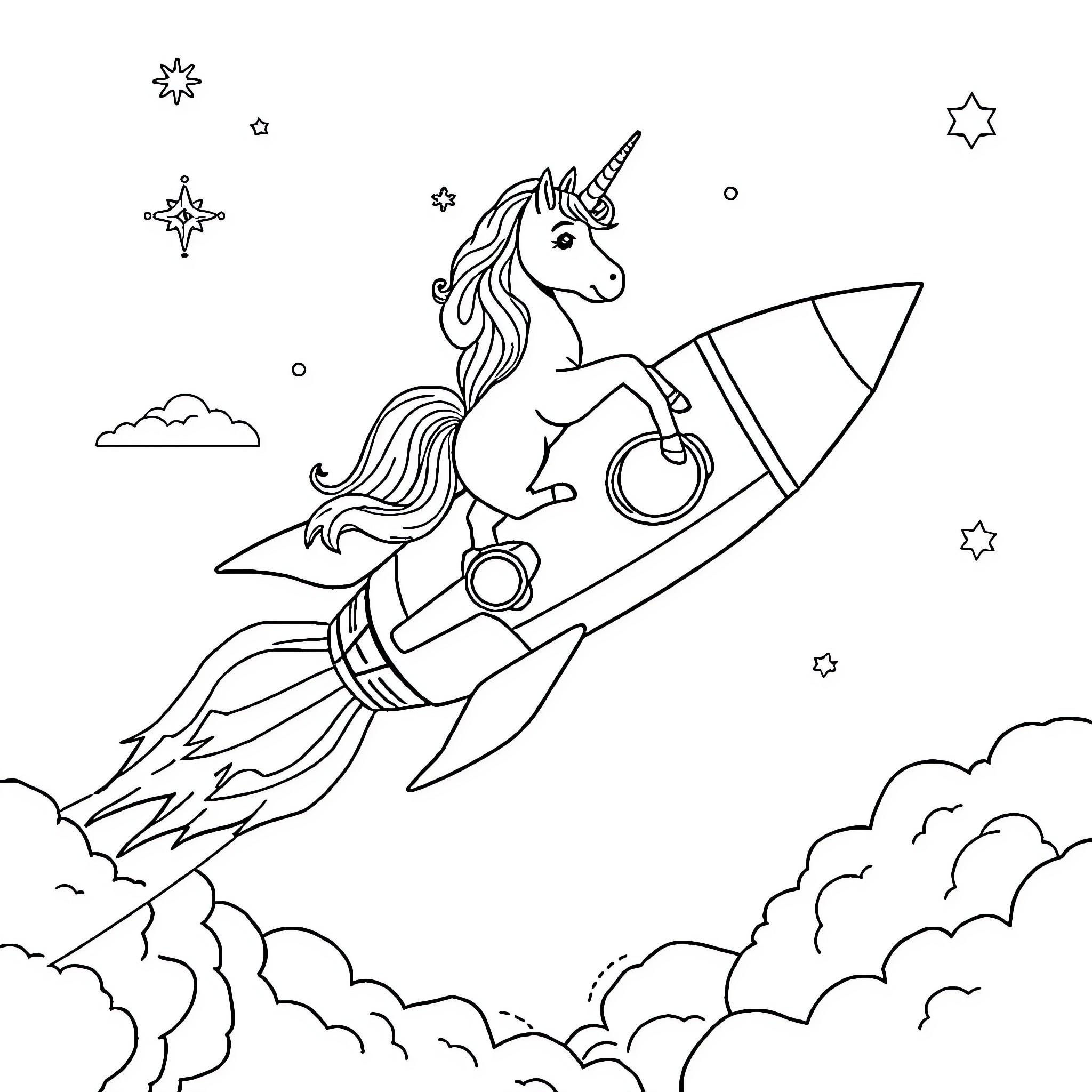 Rocket-powered unicorn soaring through the skies Coloring Page (free black-and-white line drawing printable PDF for all, from beginners to advanced learners, including children, teens, adults, and seniors)