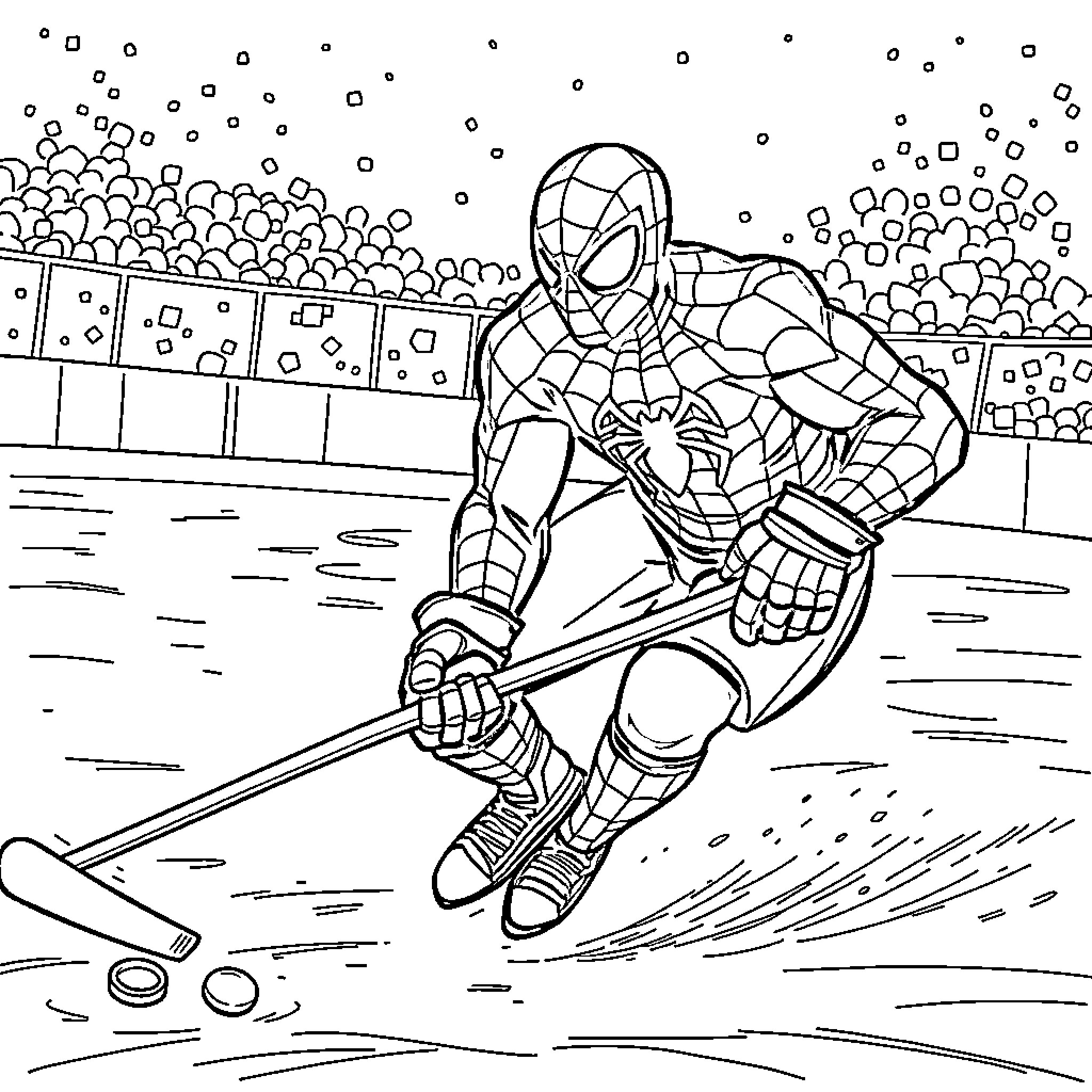 Spiderman playing ice hockey on a snowy rink Coloring Page (free black-and-white line drawing printable PDF for all, from beginners to advanced learners, including children, teens, adults, and seniors)