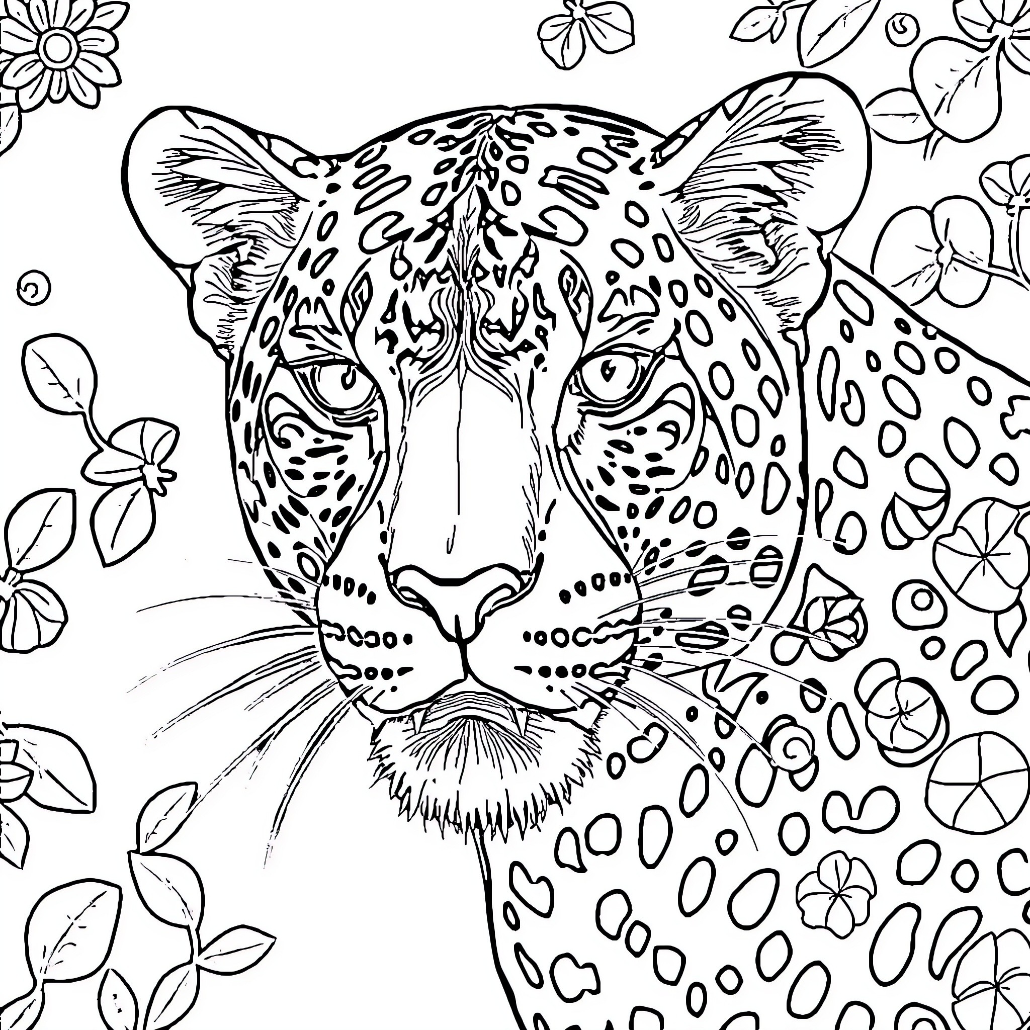 Leopard amid floral design Coloring Page (free black-and-white line drawing printable PDF for all, from beginners to advanced learners, including children, teens, adults, and seniors)