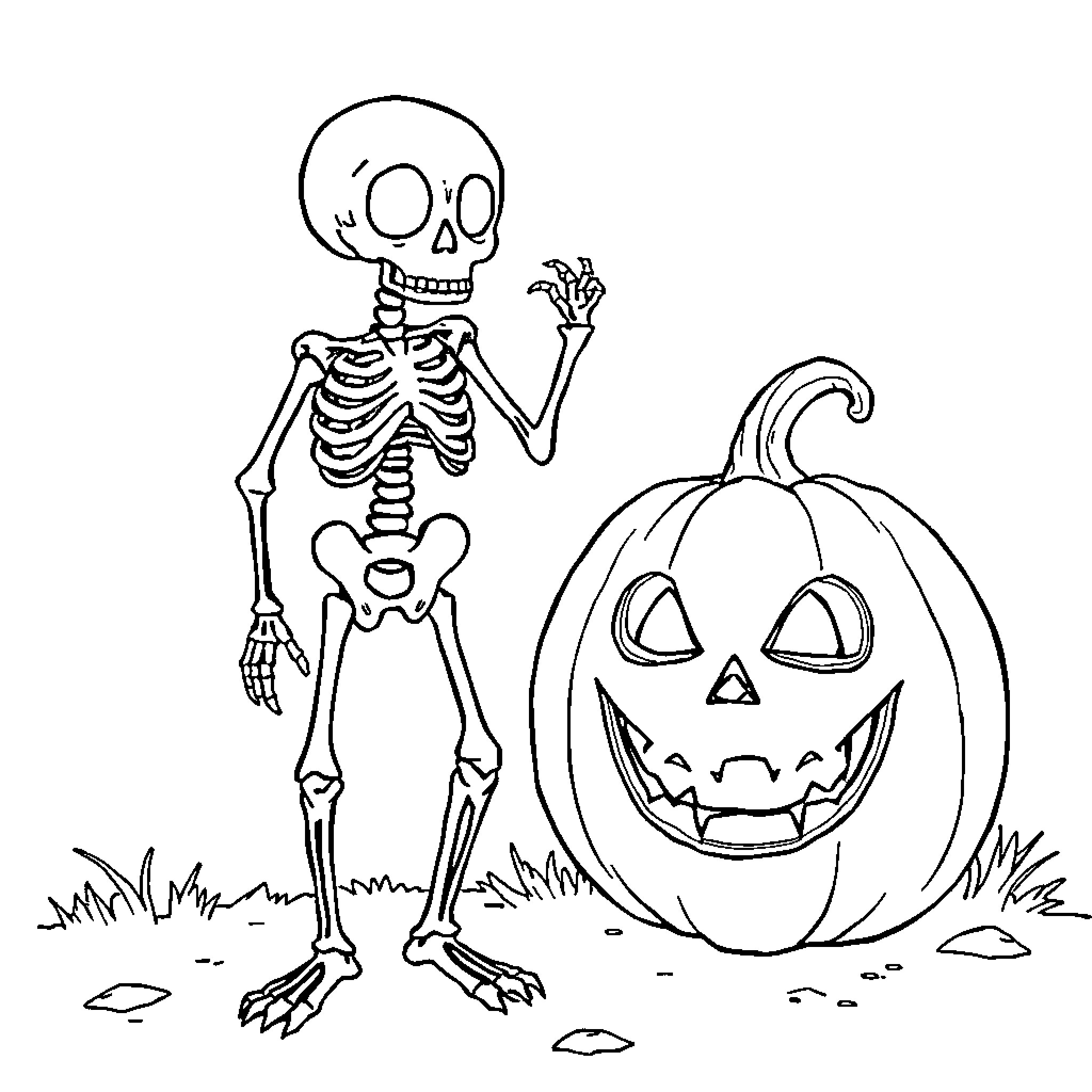 Skeleton waving near jack-o'-lantern Coloring Page (free black-and-white line drawing printable PDF for all, from beginners to advanced learners, including children, teens, adults, and seniors)
