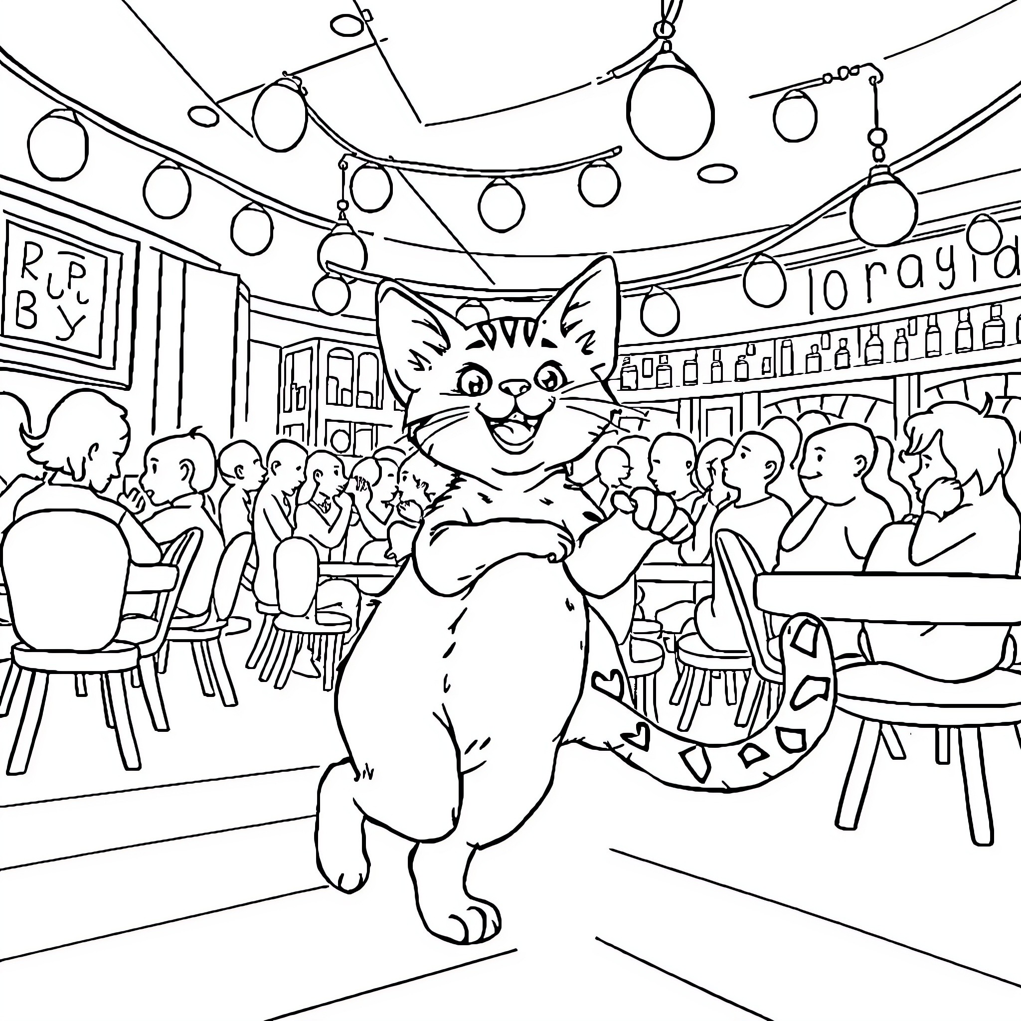 Cat enjoying a party with people Coloring Page (free black-and-white line drawing printable PDF for all, from beginners to advanced learners, including children, teens, adults, and seniors)