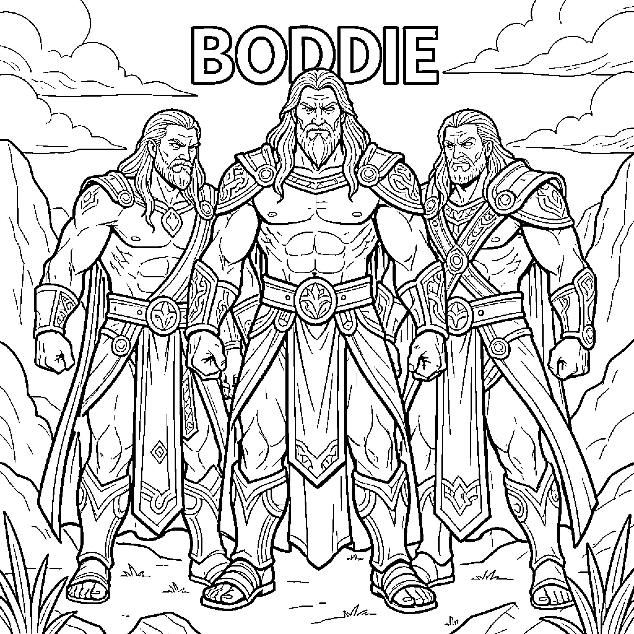 Bodie God Heroic Warriors in Mythical Realm Coloring Page (free black-and-white line drawing printable PDF for all, from beginners to advanced learners, including children, teens, adults, and seniors)