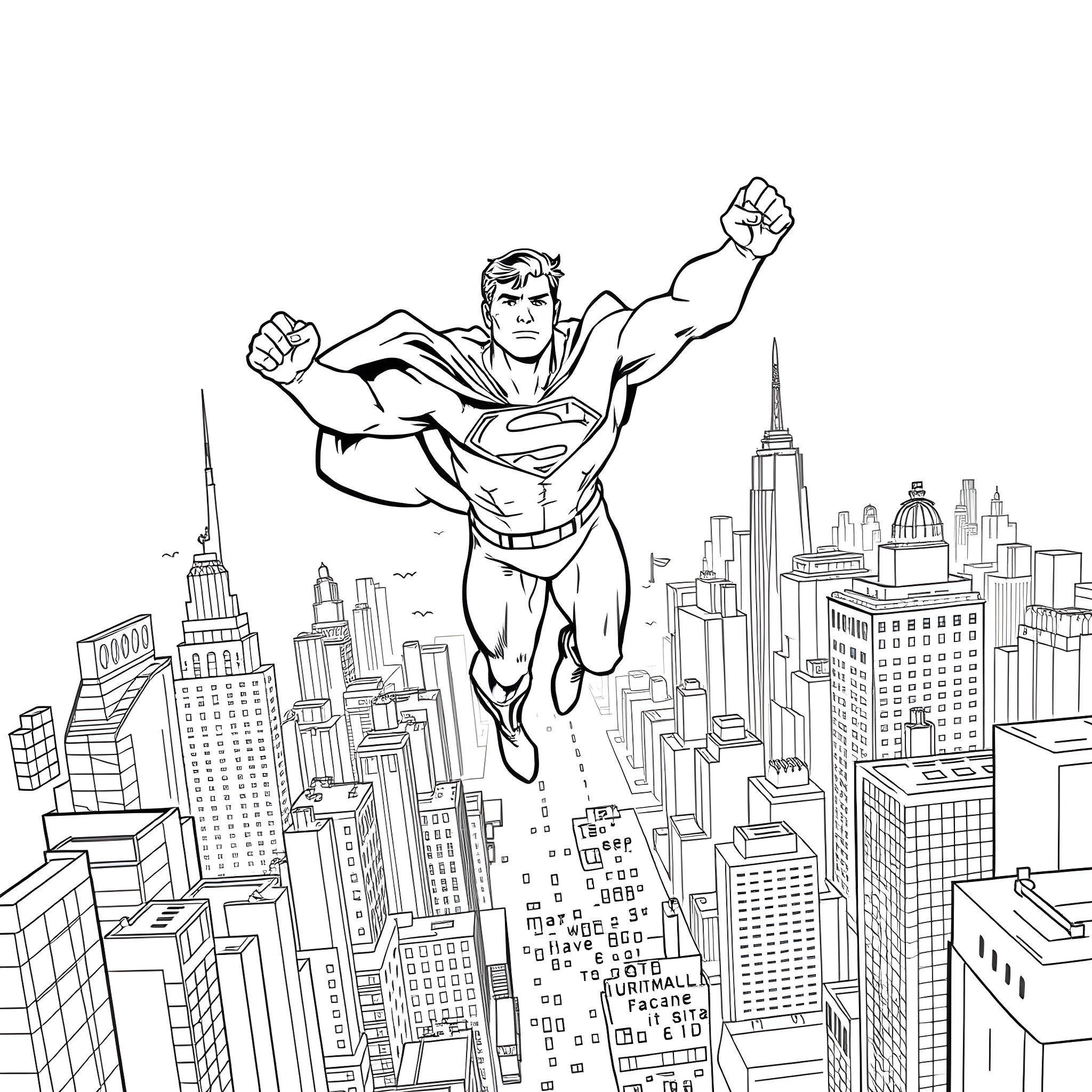 Superman Soaring Over Towering City Skyline Coloring Page (free black-and-white line drawing printable PDF for all, from beginners to advanced learners, including children, teens, adults, and seniors)