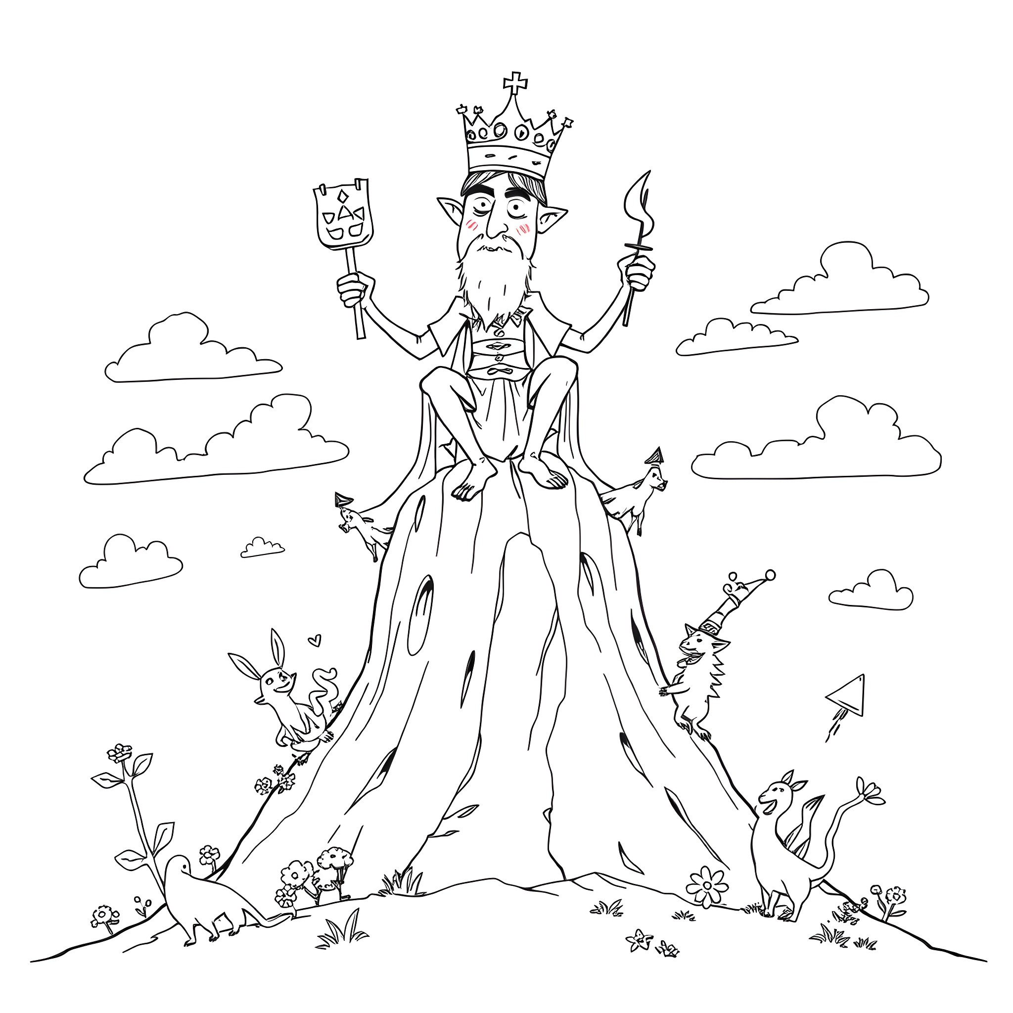 King holding scepter among clouds and nature Coloring Page (free black-and-white line drawing printable PDF for all, from beginners to advanced learners, including children, teens, adults, and seniors)