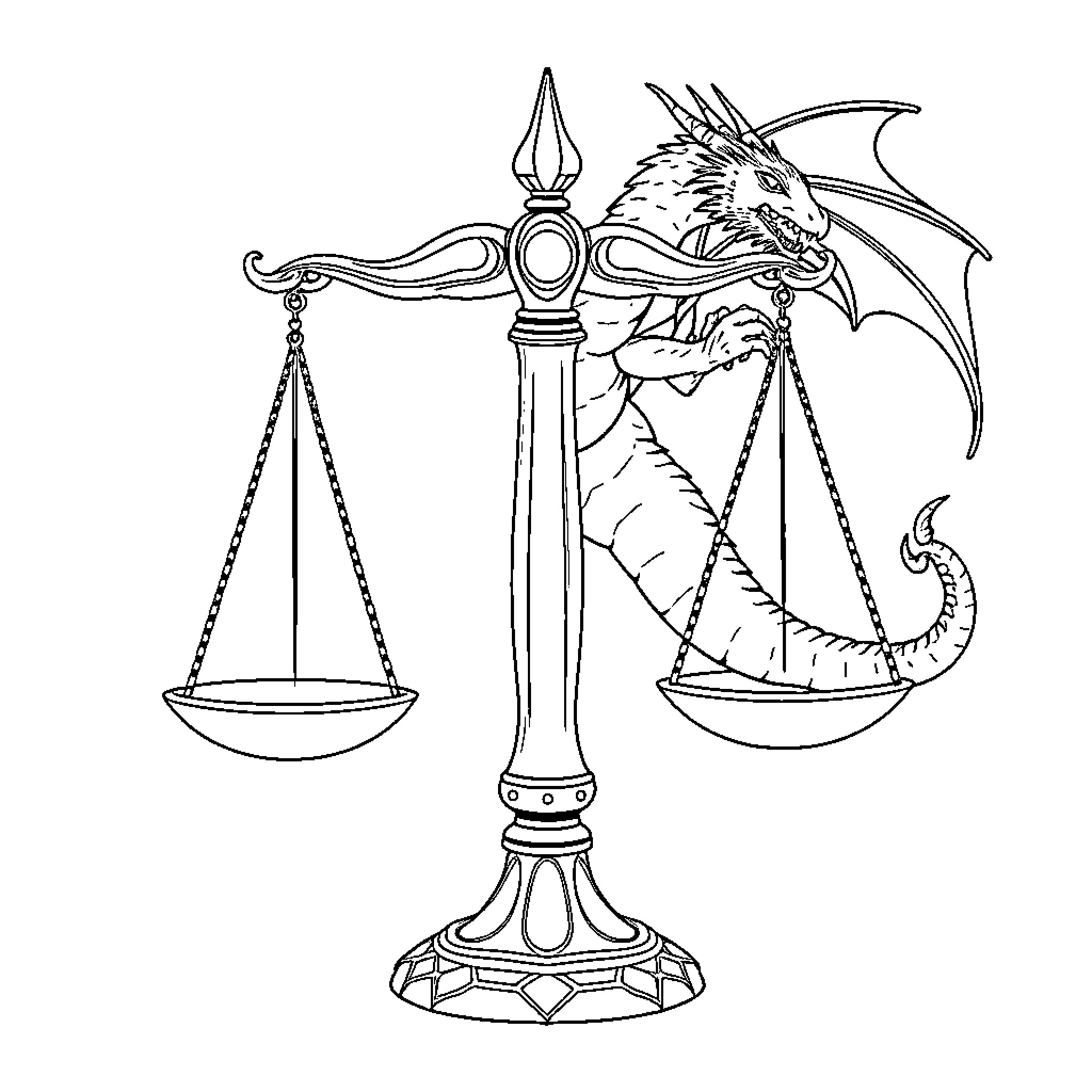 Libra Dragon Scales and Justice Scales Coloring Page (free black-and-white line drawing printable PDF for all, from beginners to advanced learners, including children, teens, adults, and seniors)