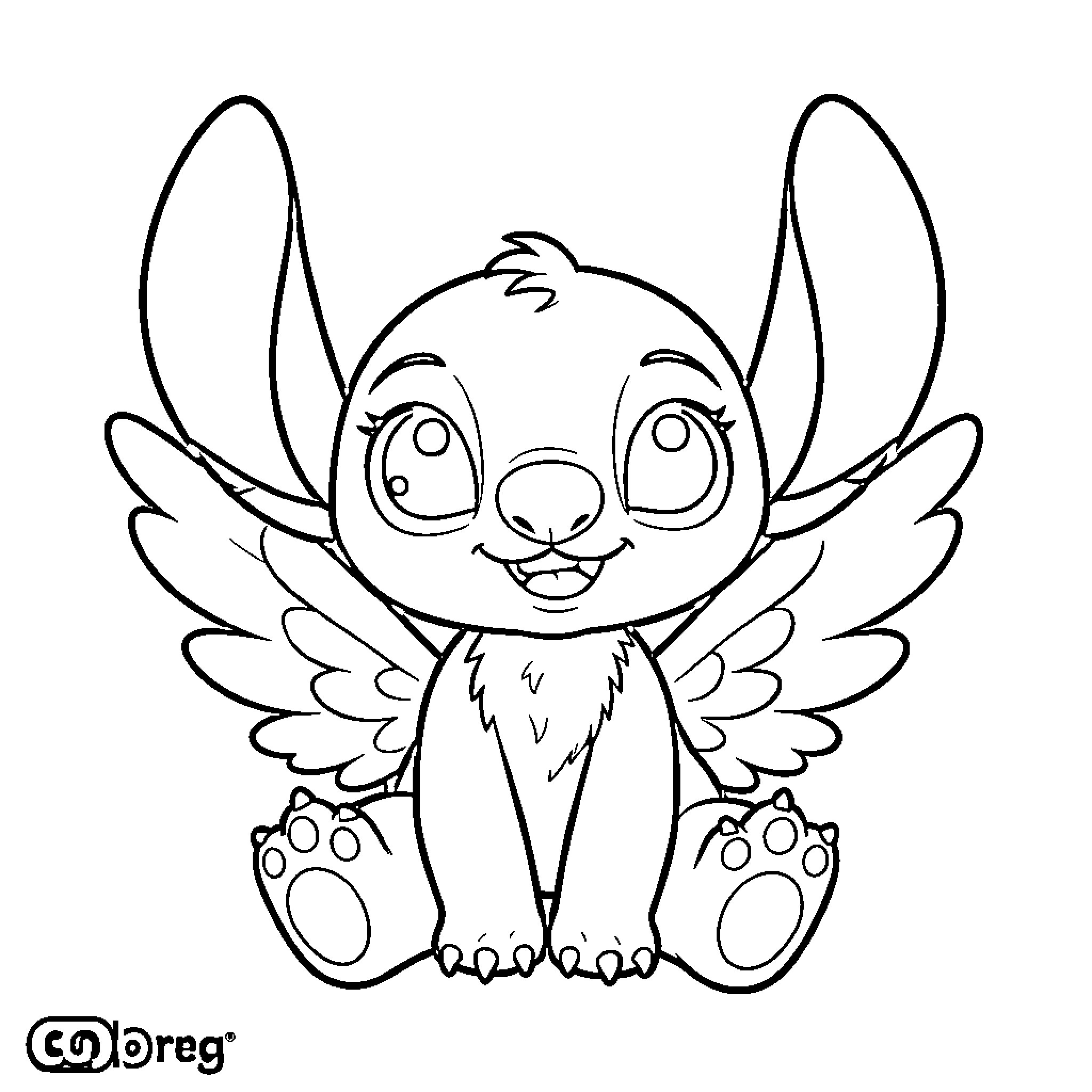 Angel sitting with wide eyes and large wings Coloring Page (free black-and-white line drawing printable PDF for all, from beginners to advanced learners, including children, teens, adults, and seniors)